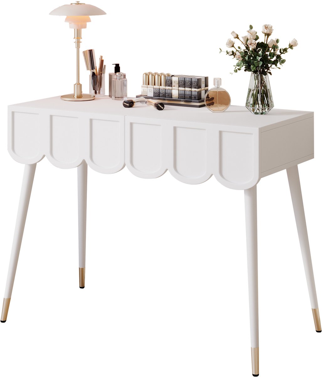Kaptafel - Witte kaptafel met twee lades - Kaptafel met metalen poten - Make-up tafel en bureau voor slaapkamer - MDF en spaanplaat 100 x 40 x 76 cm