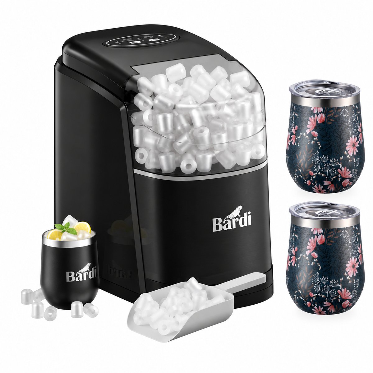 Bardi IJsblokjesmachine Set - 1.6L Zwart - Zelfreinigingsfunctie - IJsblokmaker met IJsschep -met IJsschep - Inclusief Luxe 3 Thermosbekers en Ijsschep- Japanese Flower