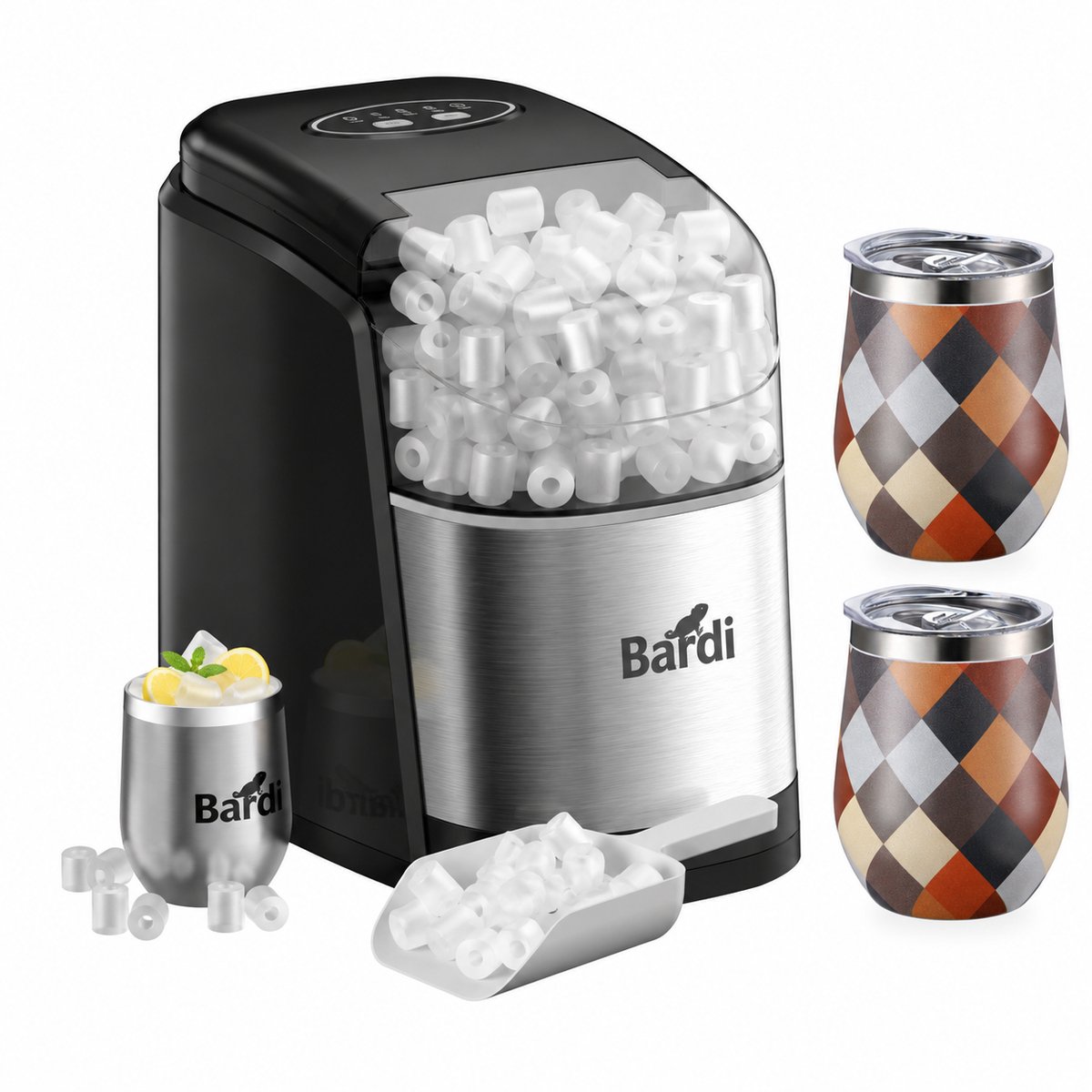 Bardi IJsblokjesmachine Set - 1.6L RVS - Zelfreinigingsfunctie - IJsblokmaker met IJsschep -met IJsschep - Inclusief 3 Luxe Thermosbekers en Ijsschep- Blok