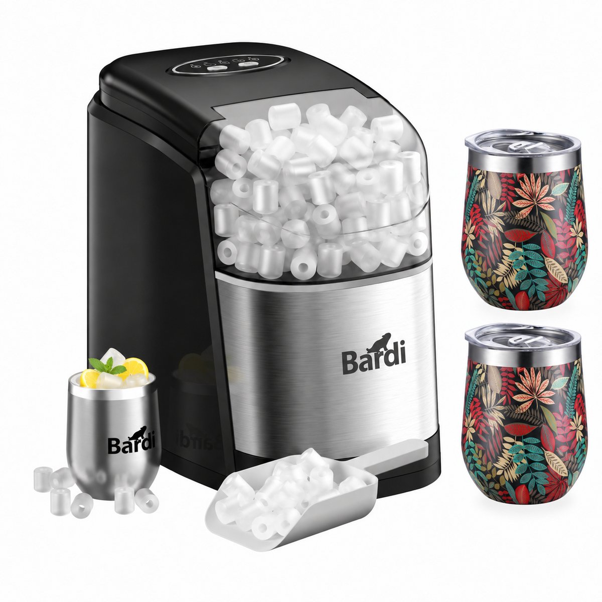 Bardi IJsblokjesmachine Set - 1.6L RVS - Zelfreinigingsfunctie - IJsblokmaker met IJsschep -met IJsschep - Inclusief 3 Luxe Thermosbekers en Ijsschep- Jungle