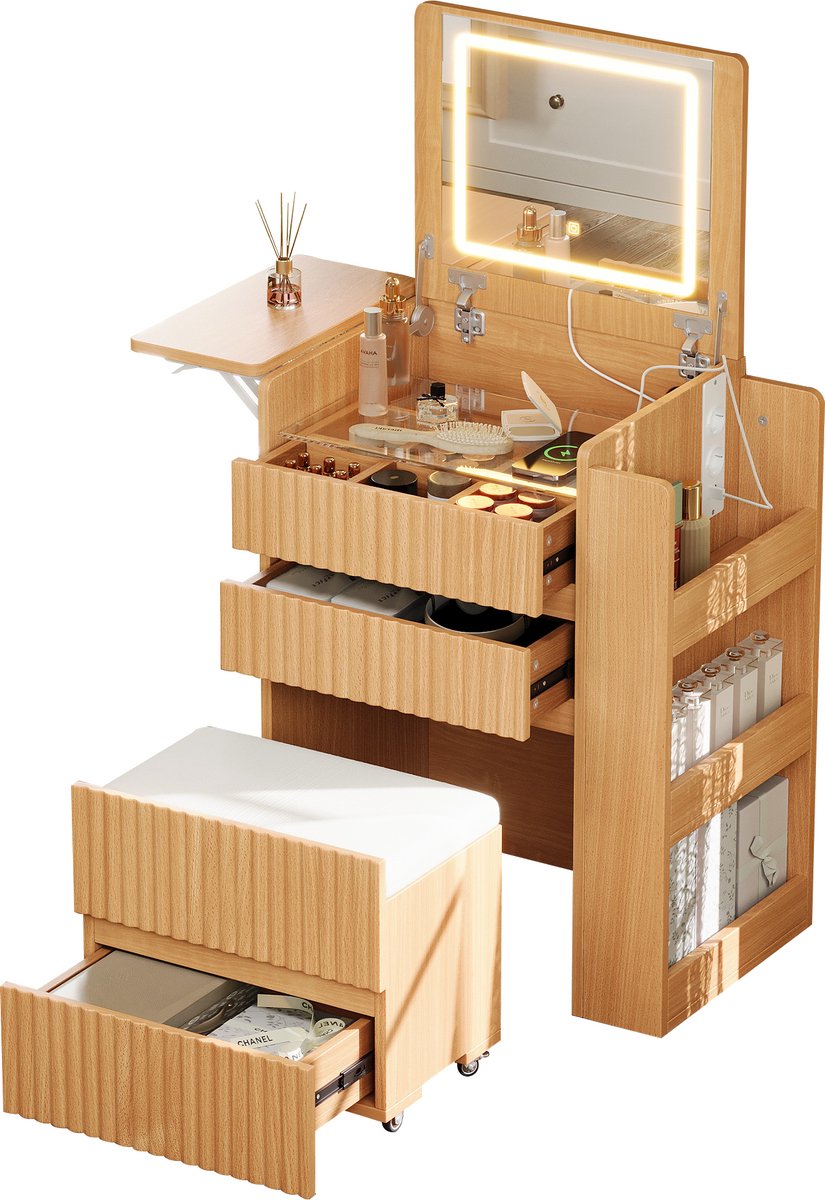 Kaptafel Met Inklapbare LED Spiegel - 3 Lades, Stopcontacten En USB Aansluitingen - Voor Slaapkamer En Kleine Ruimtes - Naturel MDF