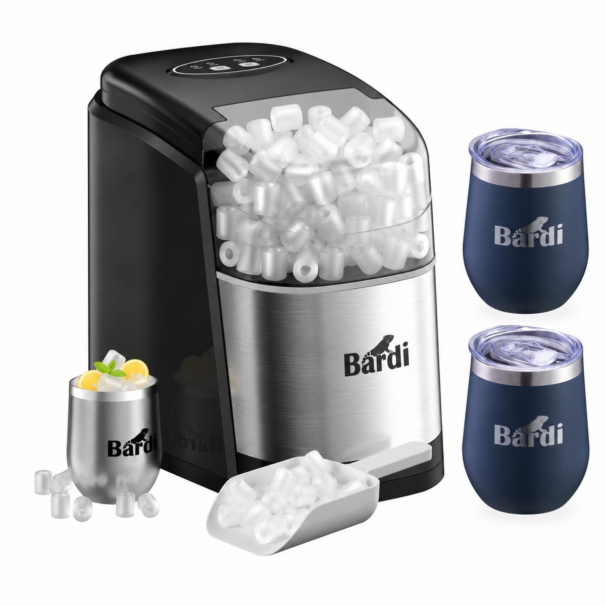 Bardi IJsblokjesmachine Set - 1.6L RVS - Zelfreinigingsfunctie - IJsblokmaker met IJsschep -met IJsschep - Inclusief 3 Luxe Thermosbekers en Ijsschep- Blauw