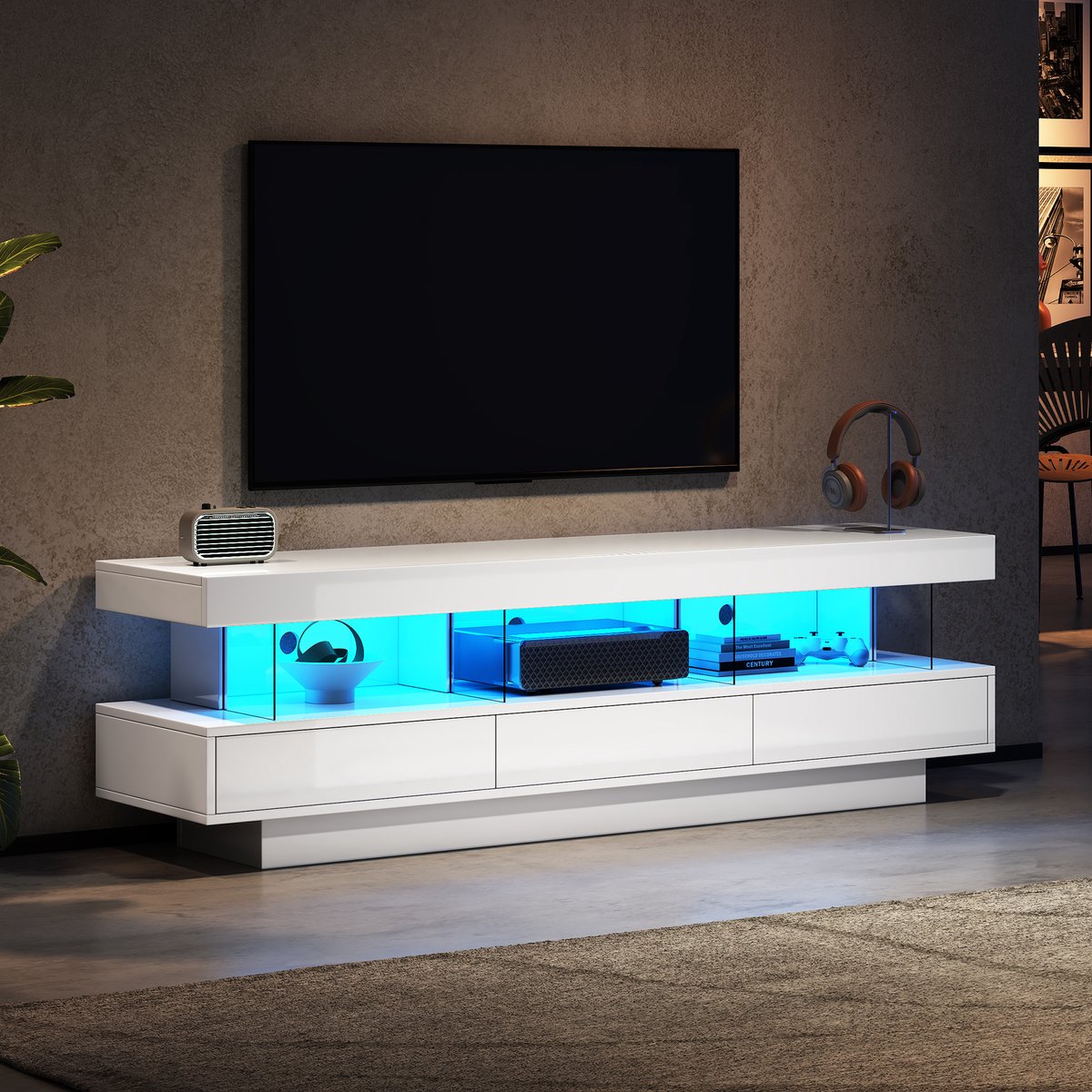 MUVANO Tv Meubel Wit Hoogglans - Tv Kast 160 cm - Geschikt Voor 70 Inch Tv - Met Led Verlichting - 160x38x50,5 cm - App Bediening - Woonkamer Wit