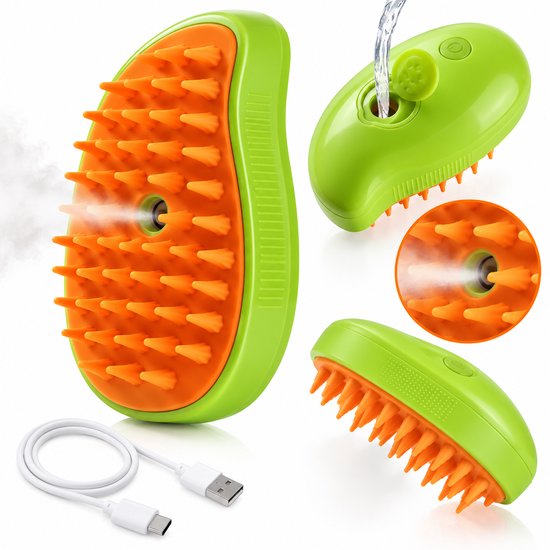 Groene en oranje stoom massage borstel voor huisdieren met USB-kabel, in verschillende aanzichten.