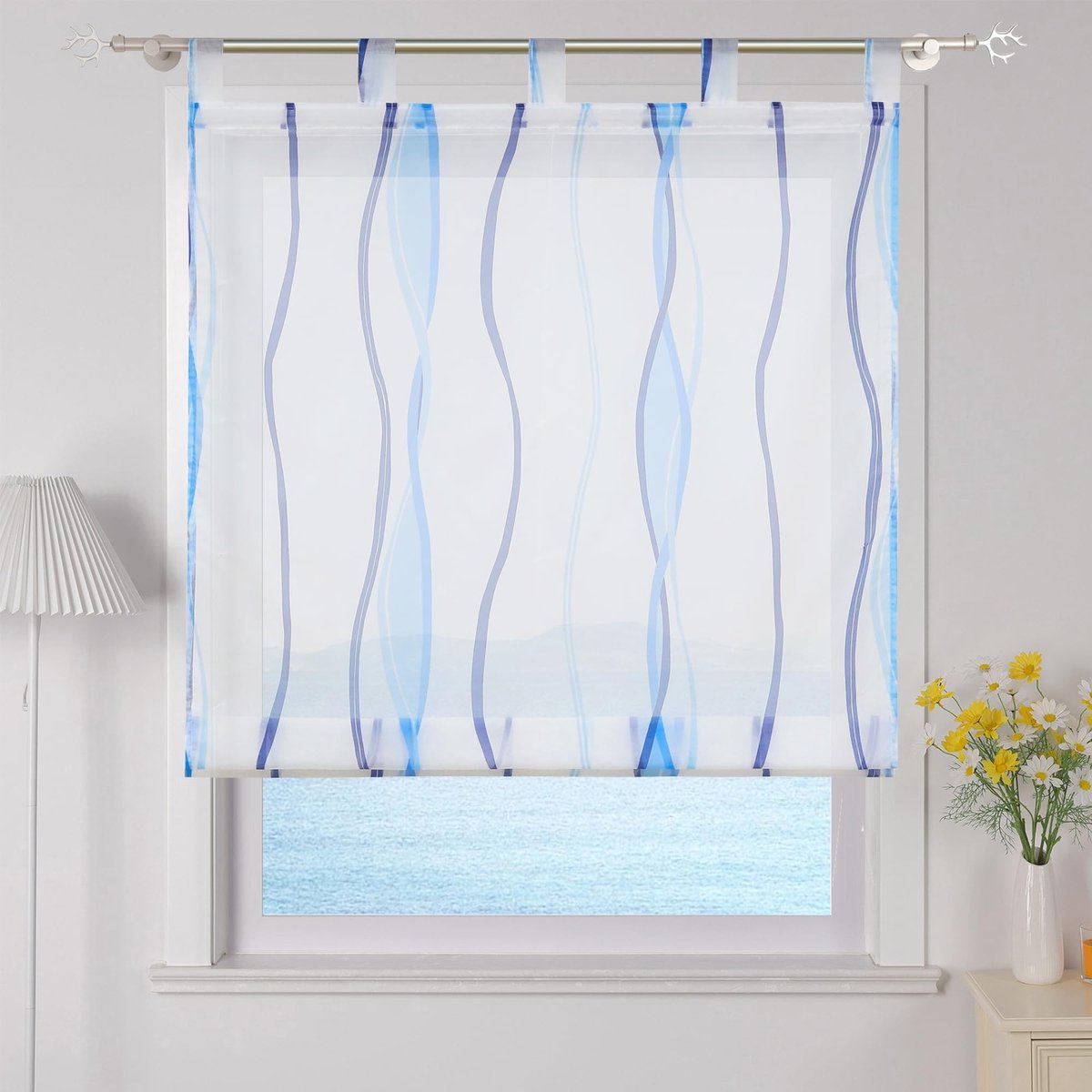 Transparante Roman Blinds met Golvenprint voor de Keuken