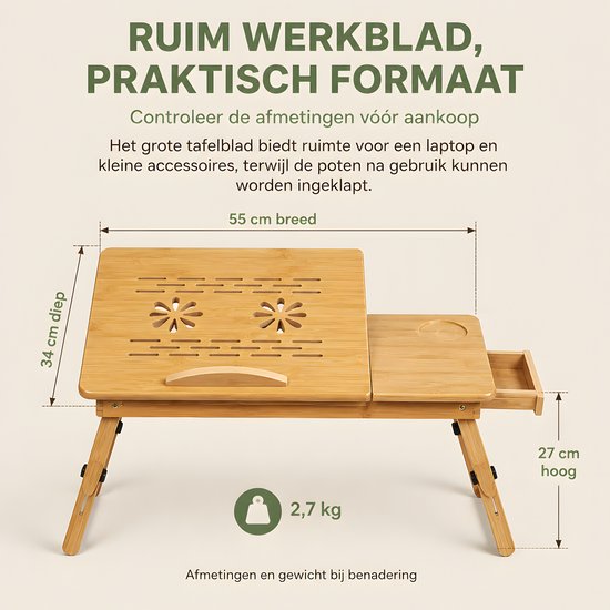 Houten laptoptafel, 55 cm breed, 34 cm diep, 27 cm hoog. Met ventilatieopeningen, lade, bekerhouder en inklapbare poten.