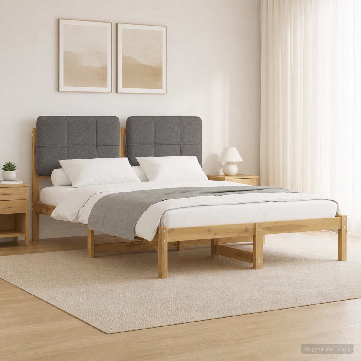 vidaXL Bedframe - met - gestoffeerd - hoofdbord - Whitewash - en - lichtgrijs Whitewash en lichtgrijs