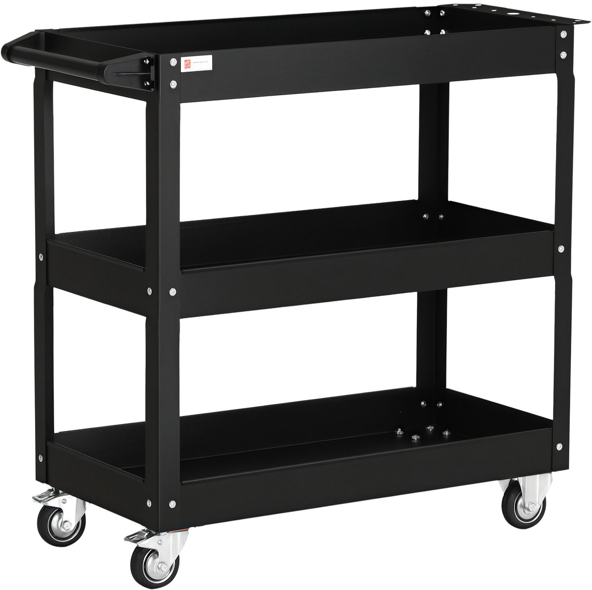 3-laags stalen gereedschapswagen met hoge randen en 4 zwenkwielen, 83x35,3x76 cm, zwart