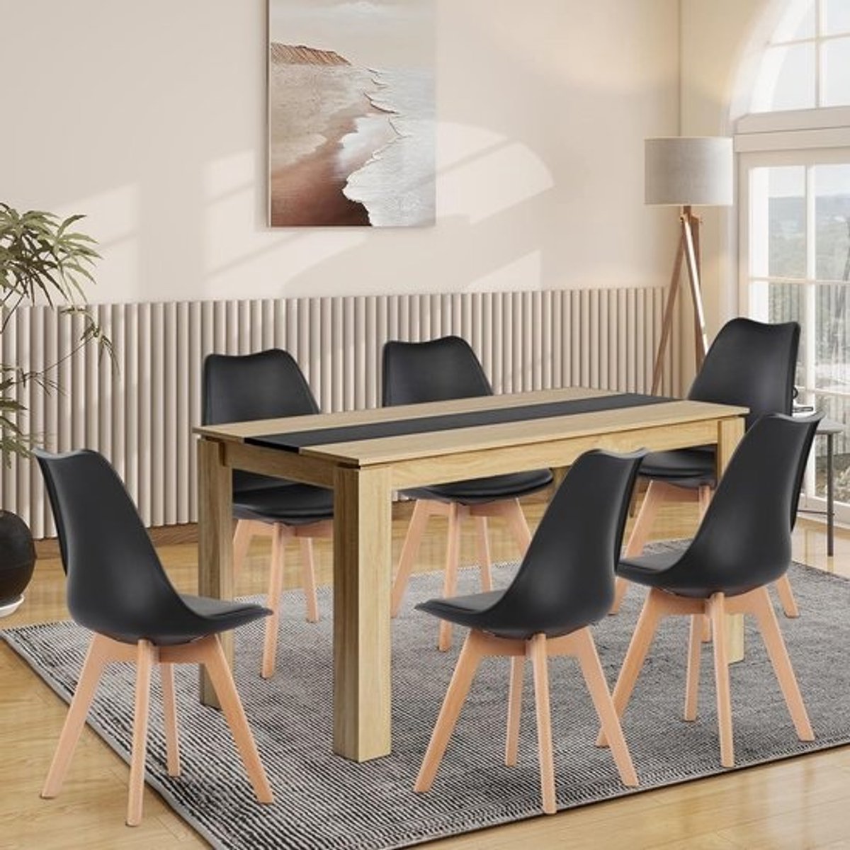 Eetkamergroep van 140 cm - Met 6 stoelen - Rechthoekige tafel met houten blad - Comfortabele stoelen