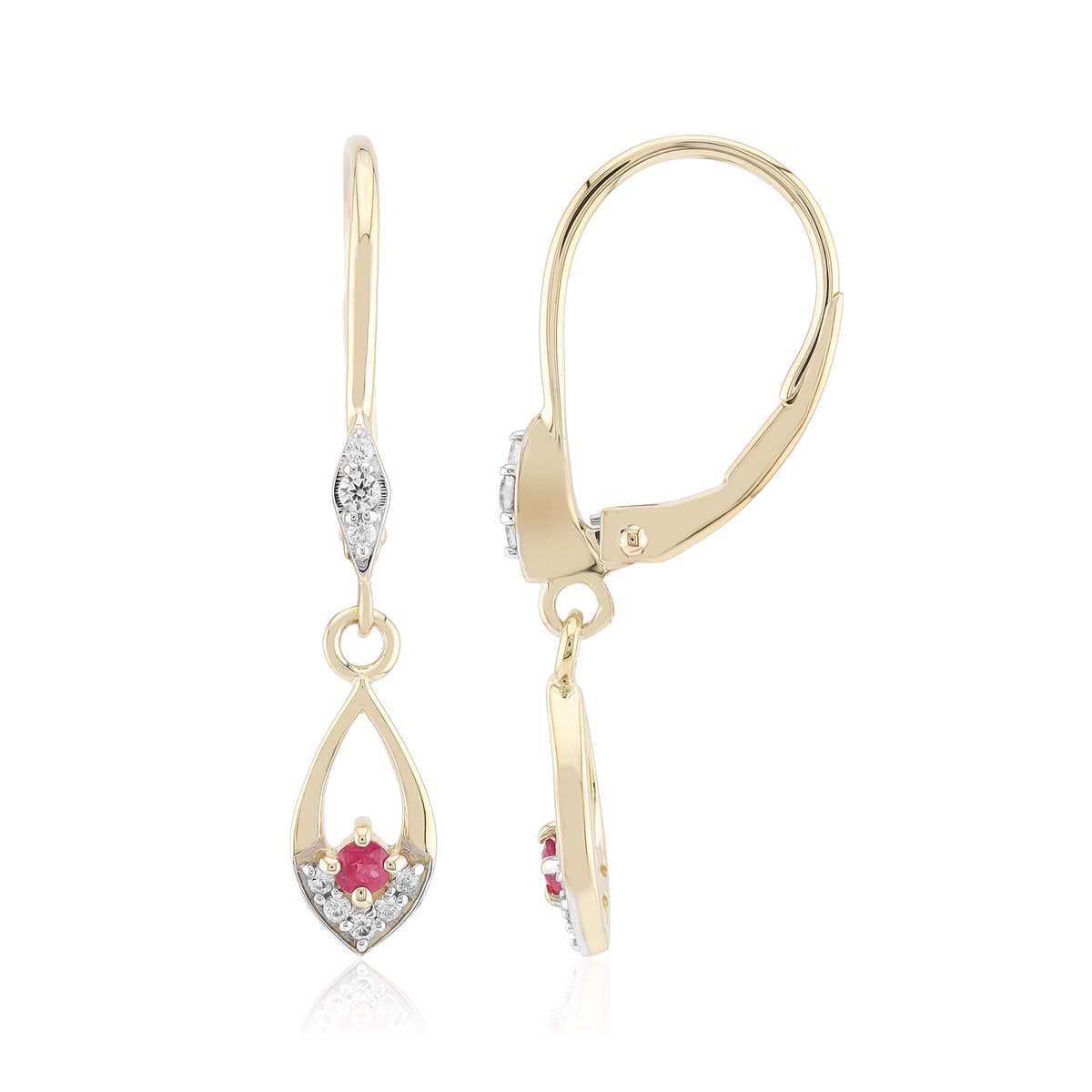 Cavill - Gouden oorbellen 375 geelgoud - Rode beril 0,102 ct & Zirkonia 0,086 ct - Elegant rond geslepen druppelvorm - Luxe, opvallend design