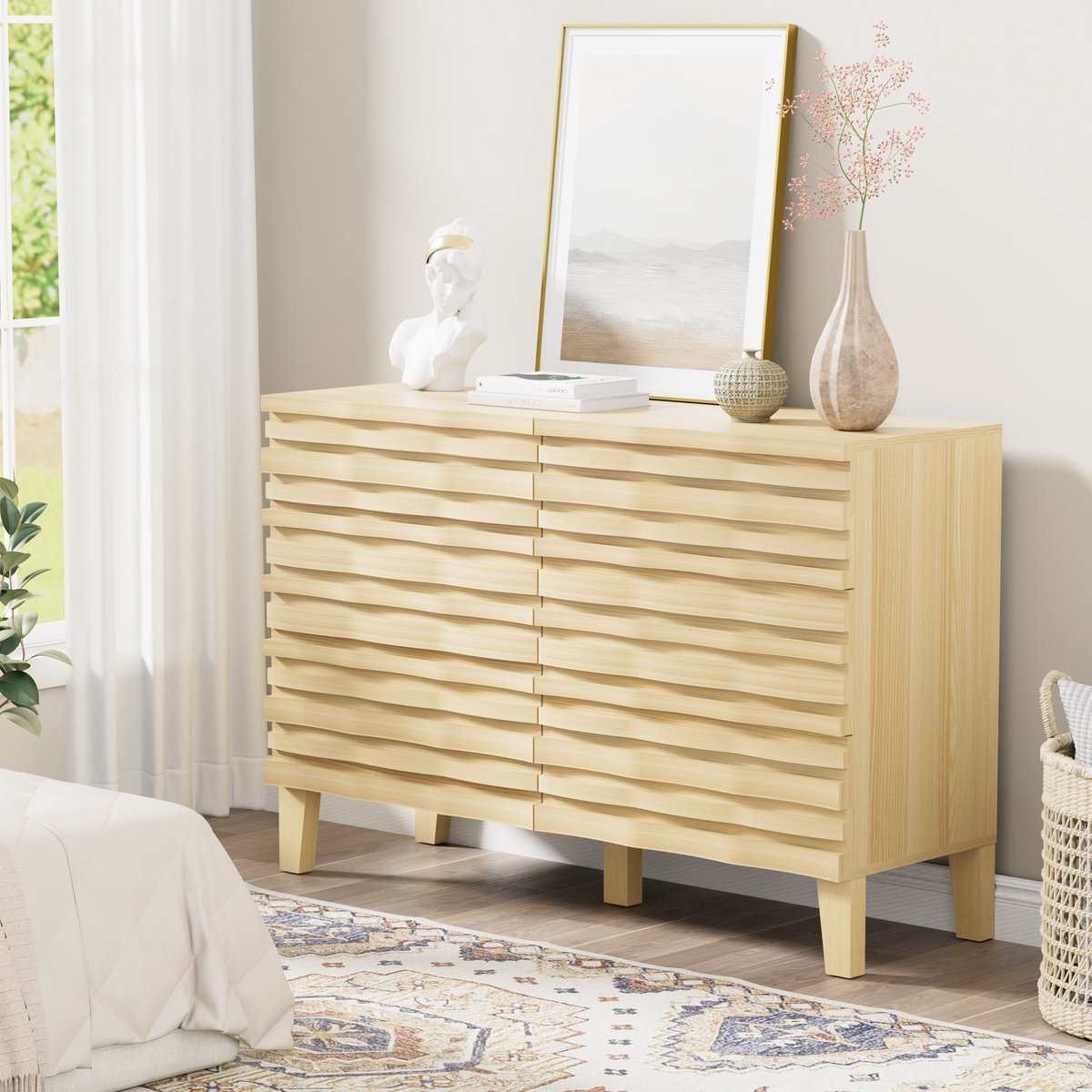 UEV Commode met 6 lades, hout, 120x40x80,5 cm, smalle ladekast, opbergkast, dressoir voor woonkamer, slaapkamer