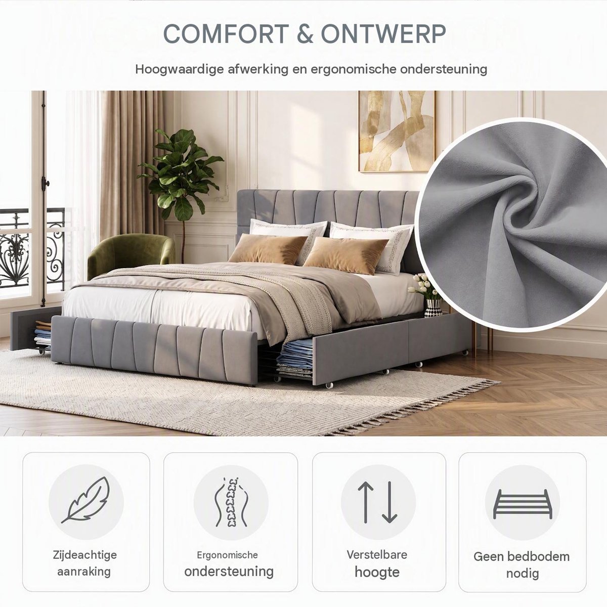 Gestoffeerd bed 160 x 200 - tweepersoonsbed - ledikant - bed - opberg bed - gestofeerd bed - tweepersoonsbed met opbergruimte - gestoffeerd bed met opbergruimte - Met 4 metalen lades - fluweel stof - grijs - Veilig Zachte Randen — cadeau in Cadeau-ideeën - foto 7