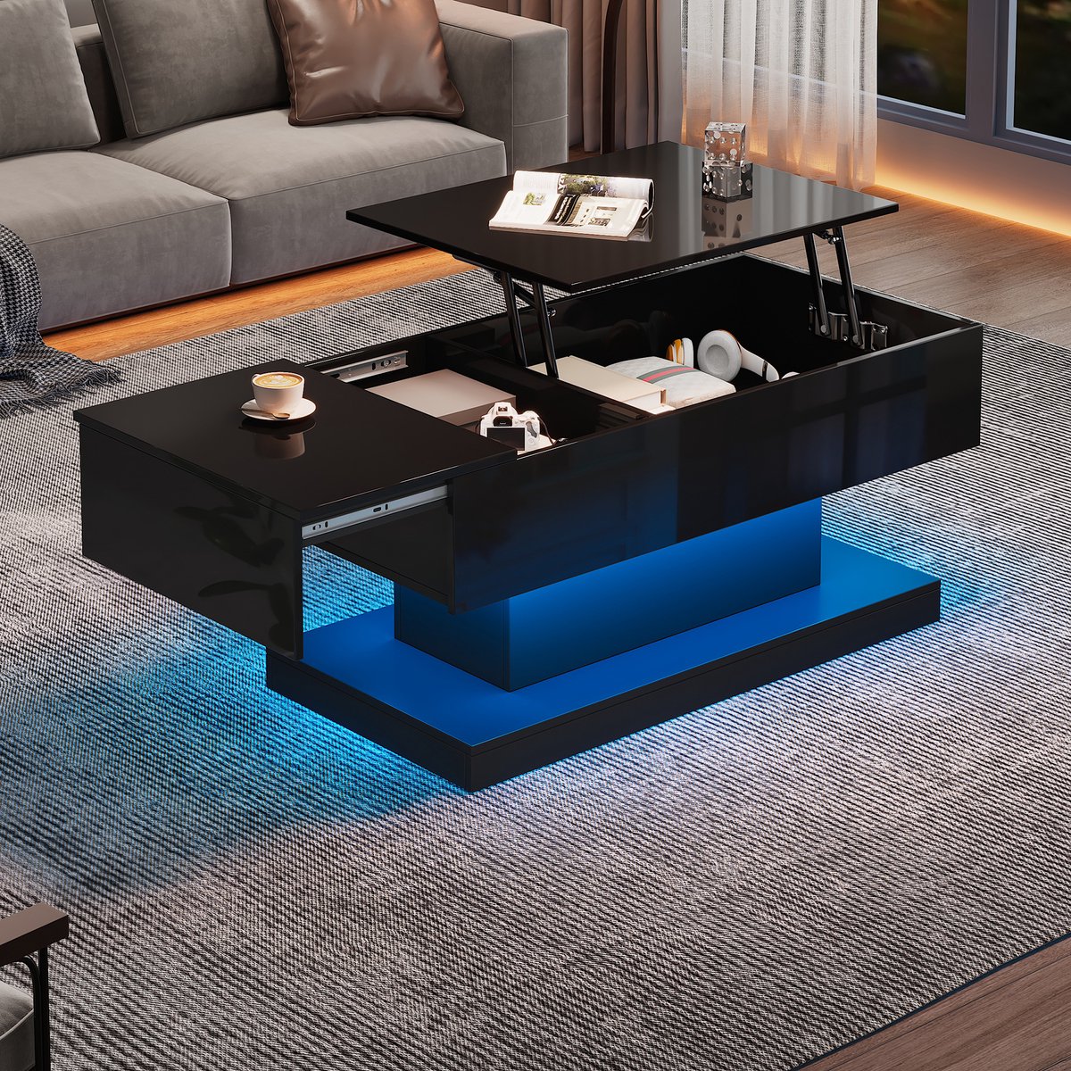 Salontafel met LED Verlichting - Zwarte Hoogglans Salontafel - Hydraulische Lift - Uitschuifbaar - Woonkamer - 100x50x45 cm - Zwart