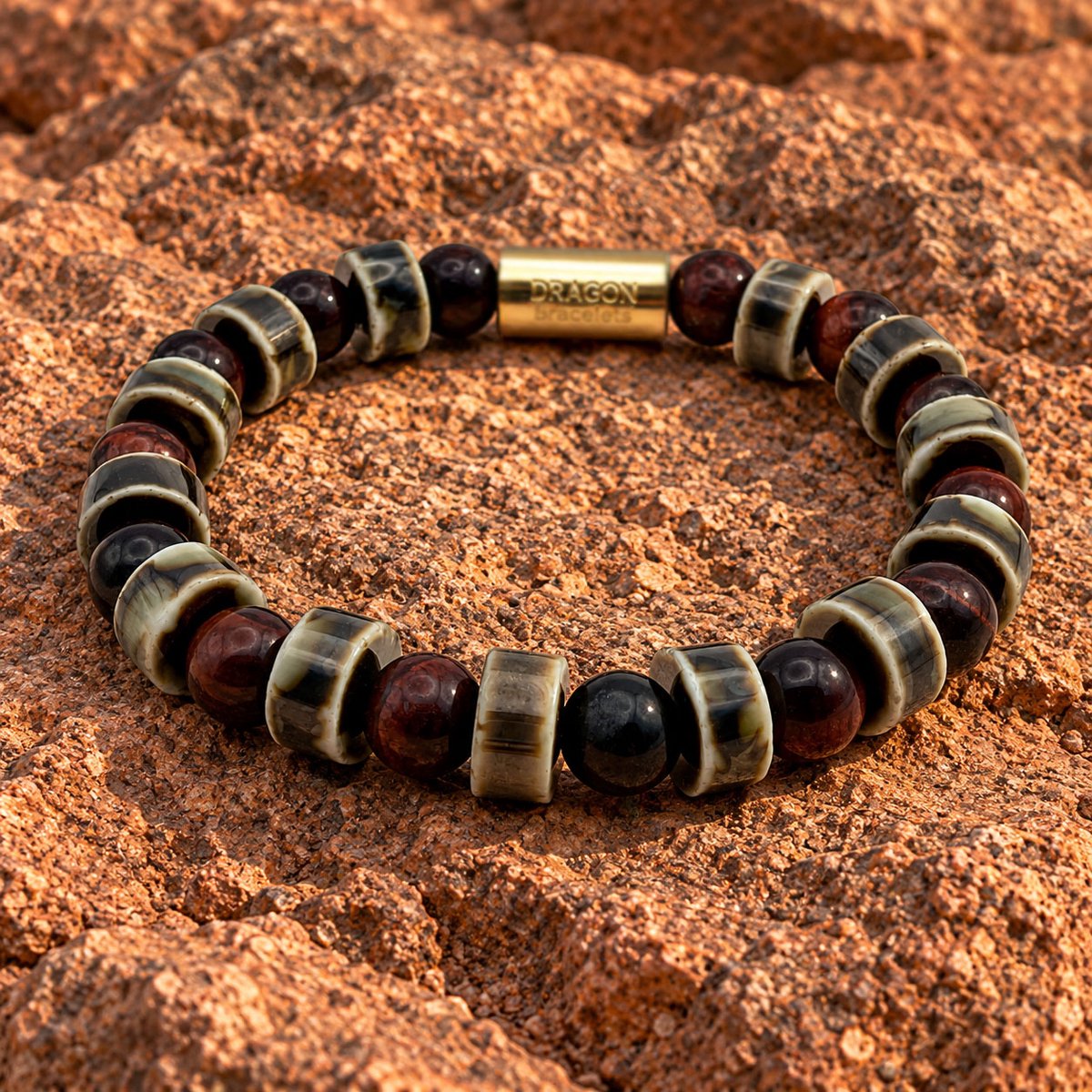 Dragon Bracelets® - Terra Ember - Natuurstenen Armband - Tijgeroog - Geglazuurd Keramiek - Bruin - Goud
