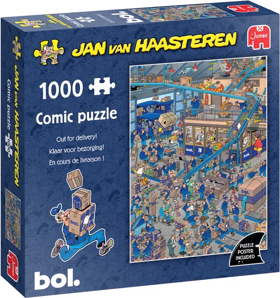 Doos van Jan van Haasteren 'Pakketservice Bol' 1000 stukjes comic puzzel, met een afbeelding van een druk sorteercentrum.