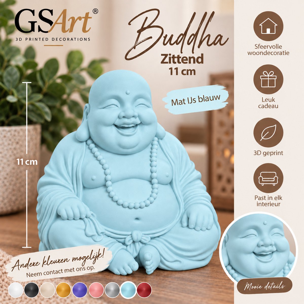 GSArt Decoratief Beeld Buddha Zittend – 11 cm – 3D Geprint Boeddha Beeld – Woondecoratie - Mat IJsblauw