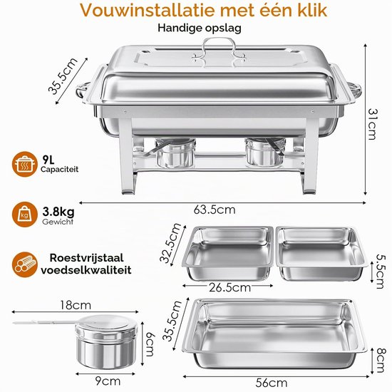TLGREEN 9L Chafing Dish Roestvrijstalen - Warmhoudcontainer - 2 x 1/2 GN-containers - voor Catering Buffetten Feestjes scholen — afbeelding 2