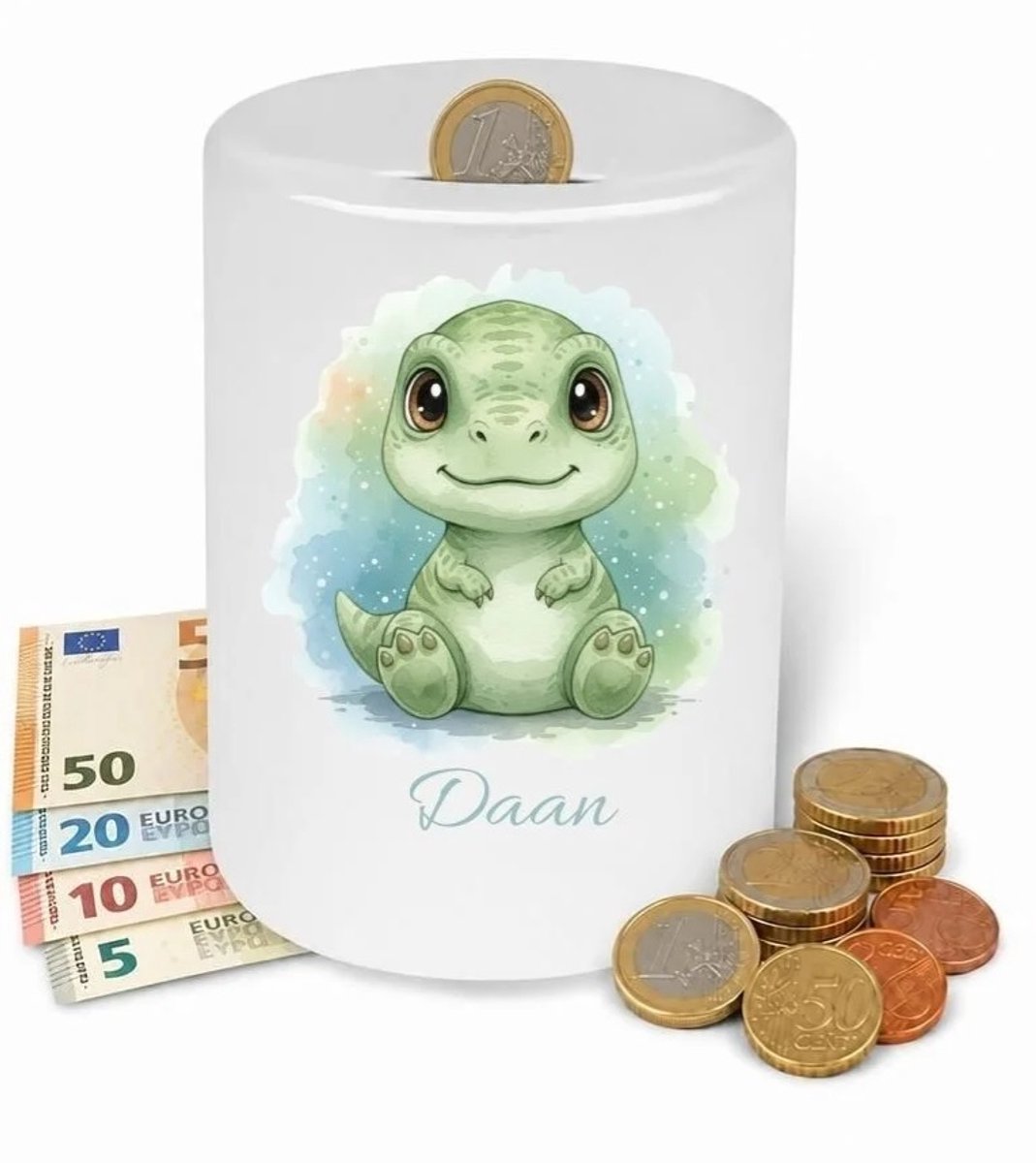 Spaarpot Dino groen - gepersonaliseerd - met eigen naam - kinderkamer - kraam cadeau - babykamer