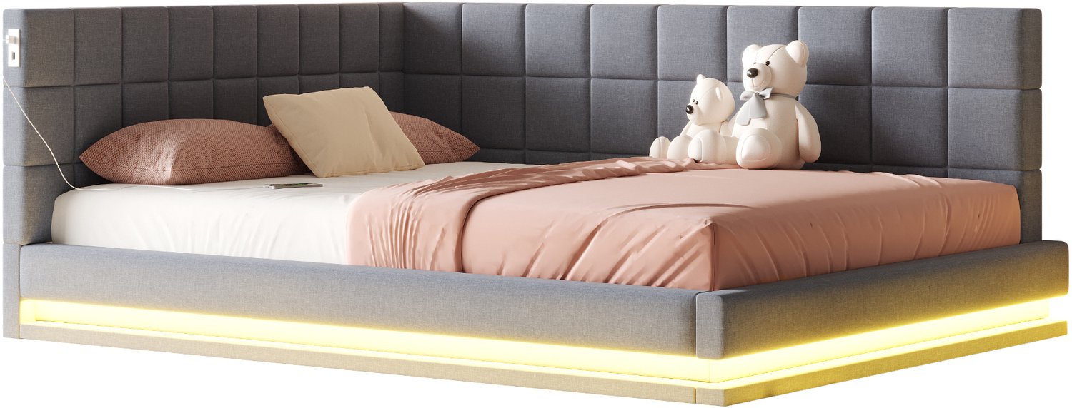 MUVANO Slaapbank - Gestoffeerd bed met ledverlichting en usb-aansluiting - Linnen bekleding en lattenbodem - 160x200 cm - Voor zitten en slapen - Grijs