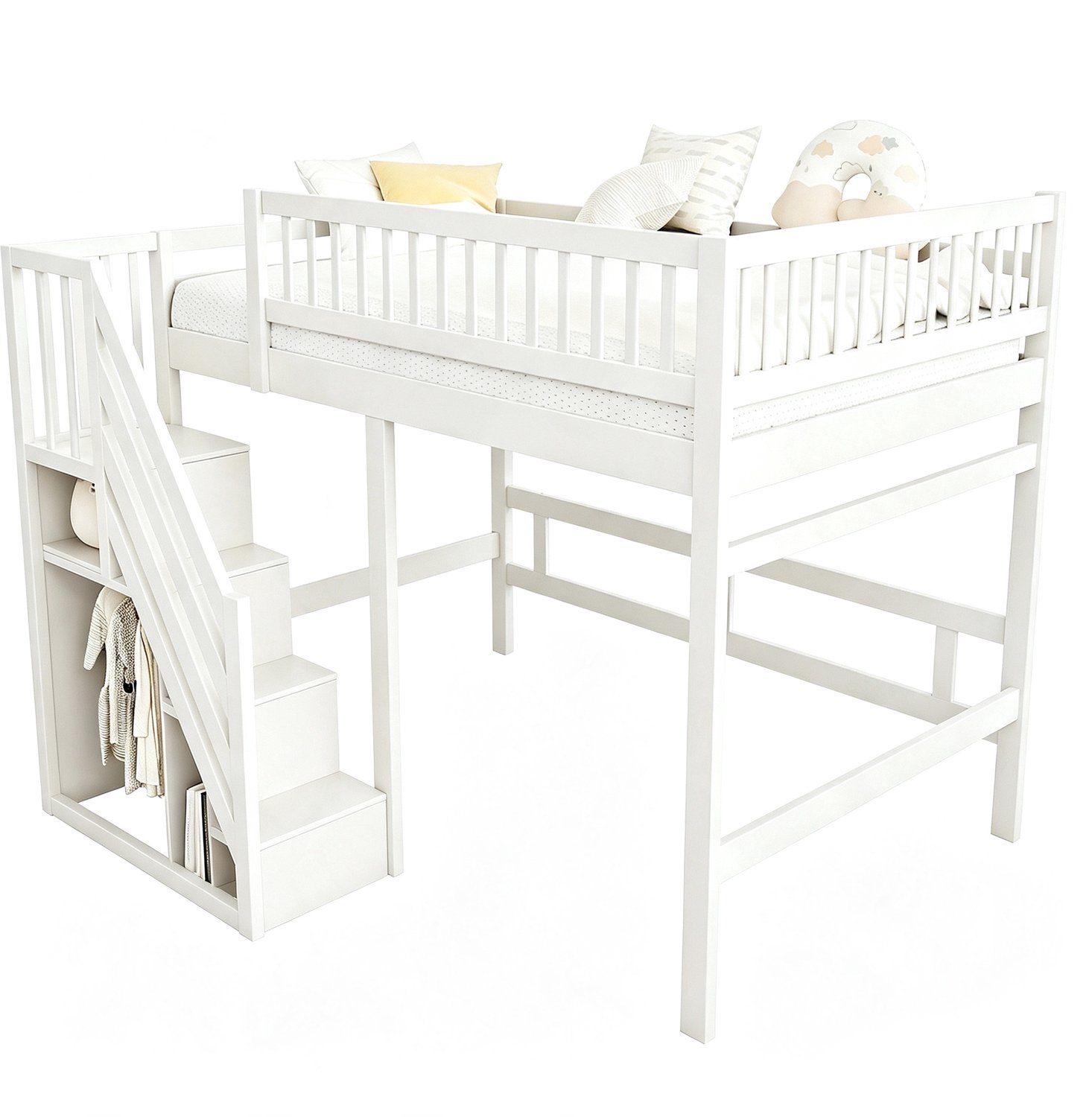 MUVANO Hoogslaper voor kinderen - kinderbed 140x200 cm - massief houten bed met opbergingstrap, hoge reling en ruimte voor bureau eronder, wit