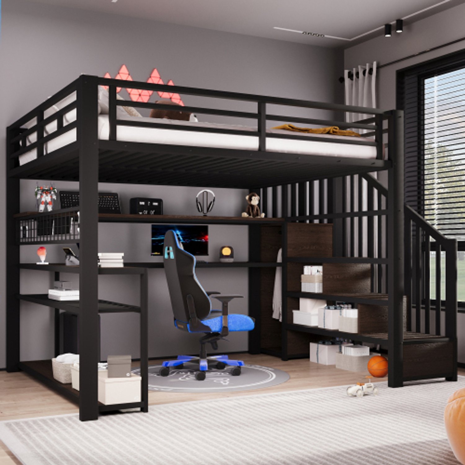 Zubaliya Kinderbed, Tweepersoonsbed, 140x200 Metalen gaming-hoogslaper met LED, kledingkast, bureau & opbergruimte, Zwart