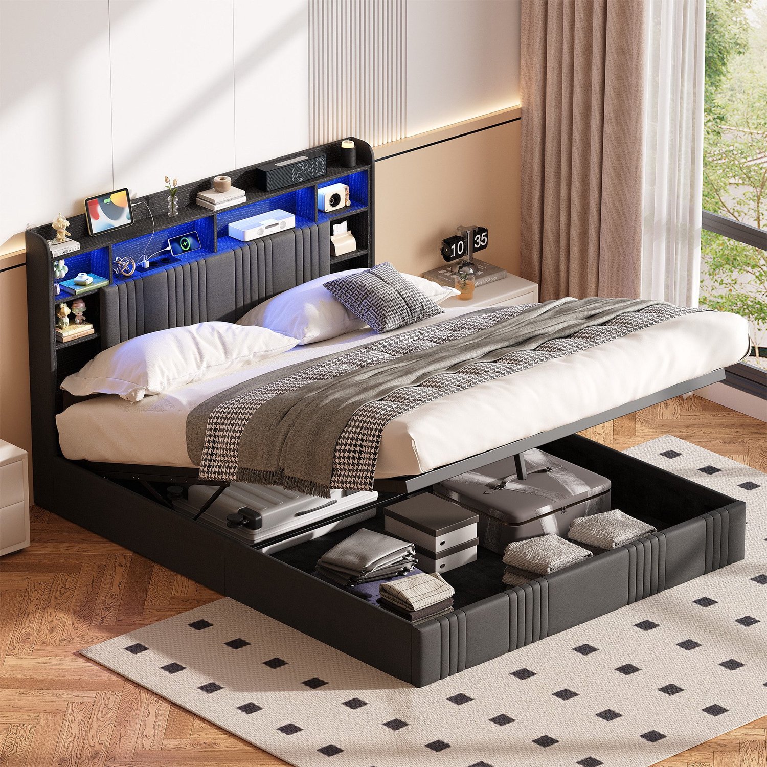 Mofor Gestoffeerd Opbergbed 160x200 cm - Tweepersoonsbed met LED en USB - Hydraulische opbergruimte - Linnen - Modern - grijs