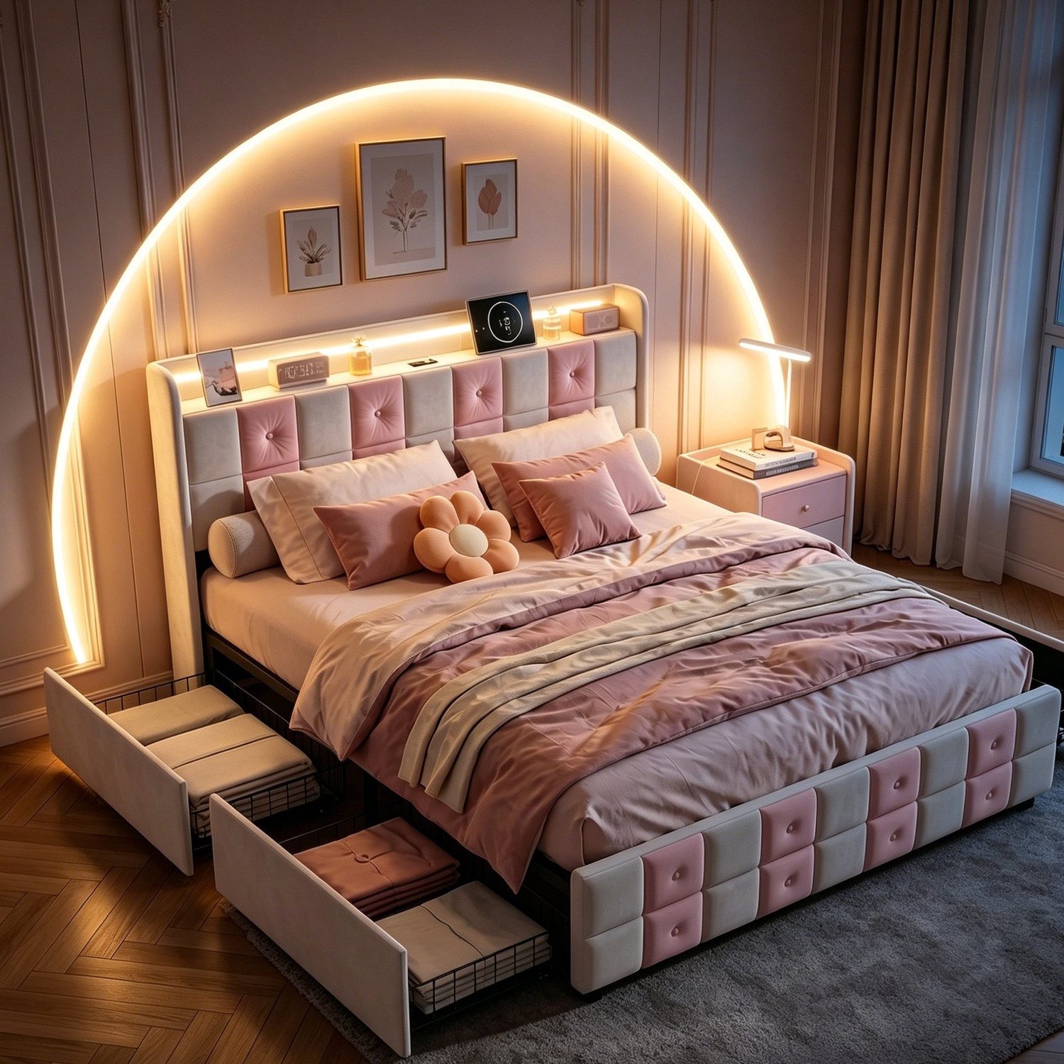 Mofor Gestoffeerd Opbergbed 140x200 cm met 4 lades - Tweepersoonsbed met opbergruimte en RGB LED - Lattenbodem - Kunstleer gestoffeerd bed - Wit&Roze
