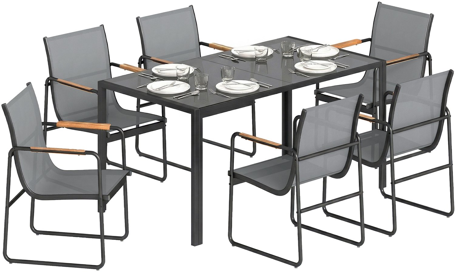 Lunpog Eetkamerset voor buiten, 7-delig, voor 6 personen, glazen tafel en stoelen met decoratieve armleuningen, tuinmeubelen van staal voor terras, grijs
