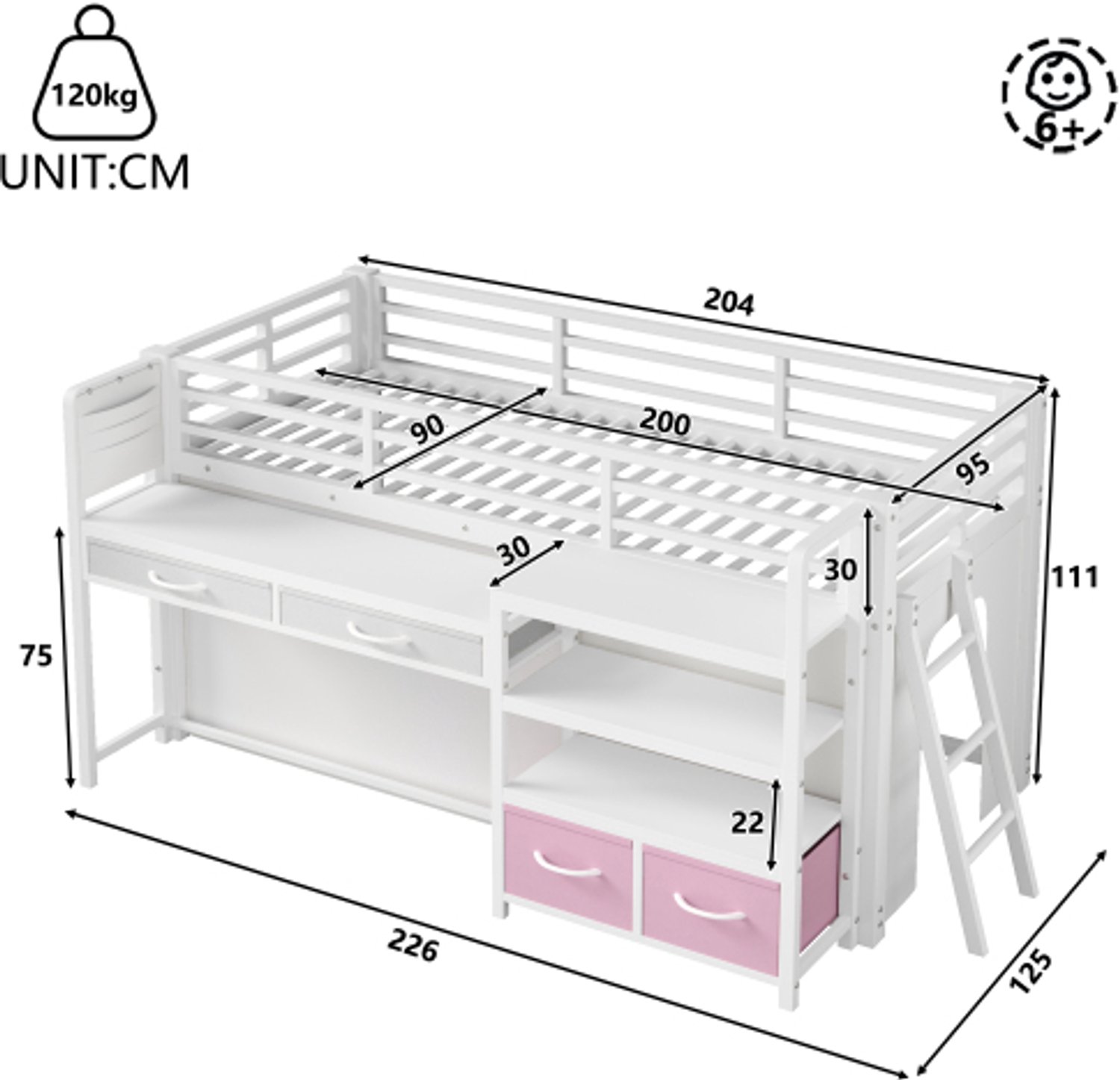 Zubaliya Hoogslaper 90 x 200 cm met bureau, Kinderbed, Eenpersoonsbed, opbergruimte en stoffen lades, kinderbed van metaal met gordijn, meerlaags rek en LED-verlichting, Wit zwart