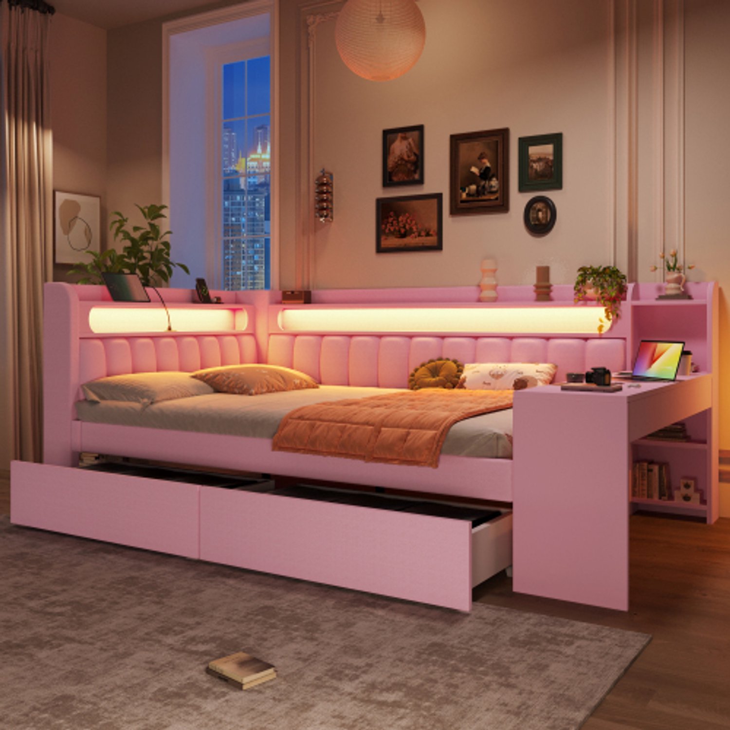 Zubaliya Gestoffeerd 140x200 daybed met USB-aansluitingen en LED-strip, Kinderbed, Tweepersoonsbed, met bureau en 2 lades, Roze