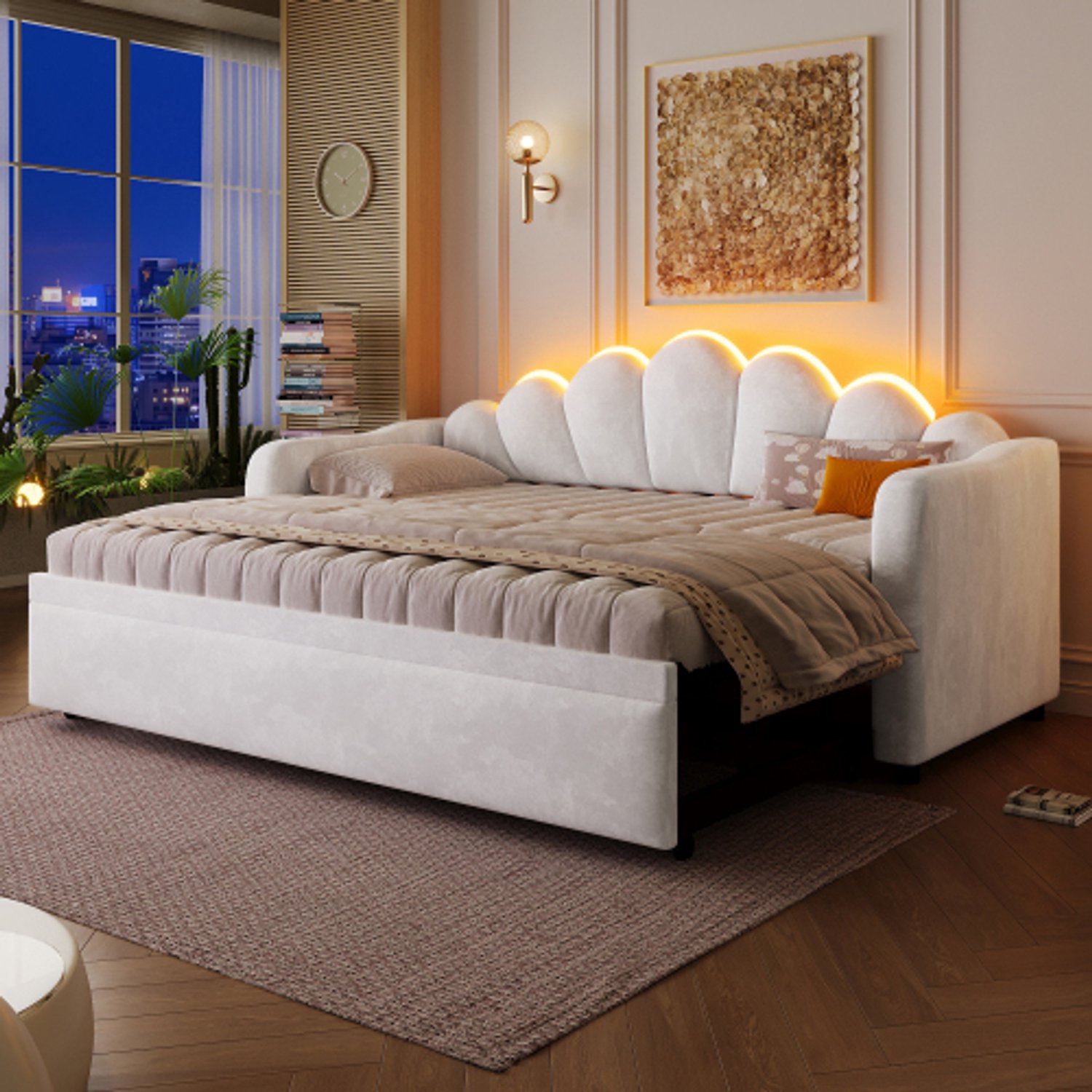 Zubaliya Kinderbed, Eenpersoonsbed, 90x200 cm grote gestoffeerd dagbed met uitschuiffunctie en LED-verlichting, uitschuiffunctie vlak of opgesteld, Wit
