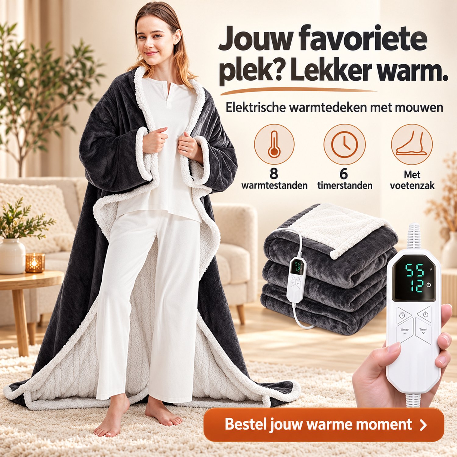 Thuys Elektrische Deken met Mouwen en Voetenzak – 130×180 cm – 10 Warmtestanden – Timer tot 12 Uur – Wasbaar Flanel – Draagbare Warmtedeken voor Thuis Grijs
