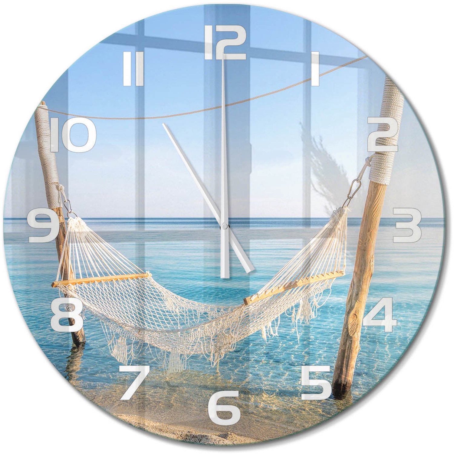 TULUP Wandklok - Hangmat aan zee Klok Glas Met Opdruk - fi60 cm - Blauw Moderne Wandklok Glas - Witte handen - Ronde Klok - Decoratieve Glazen Klok - Glazen Wandklok Design