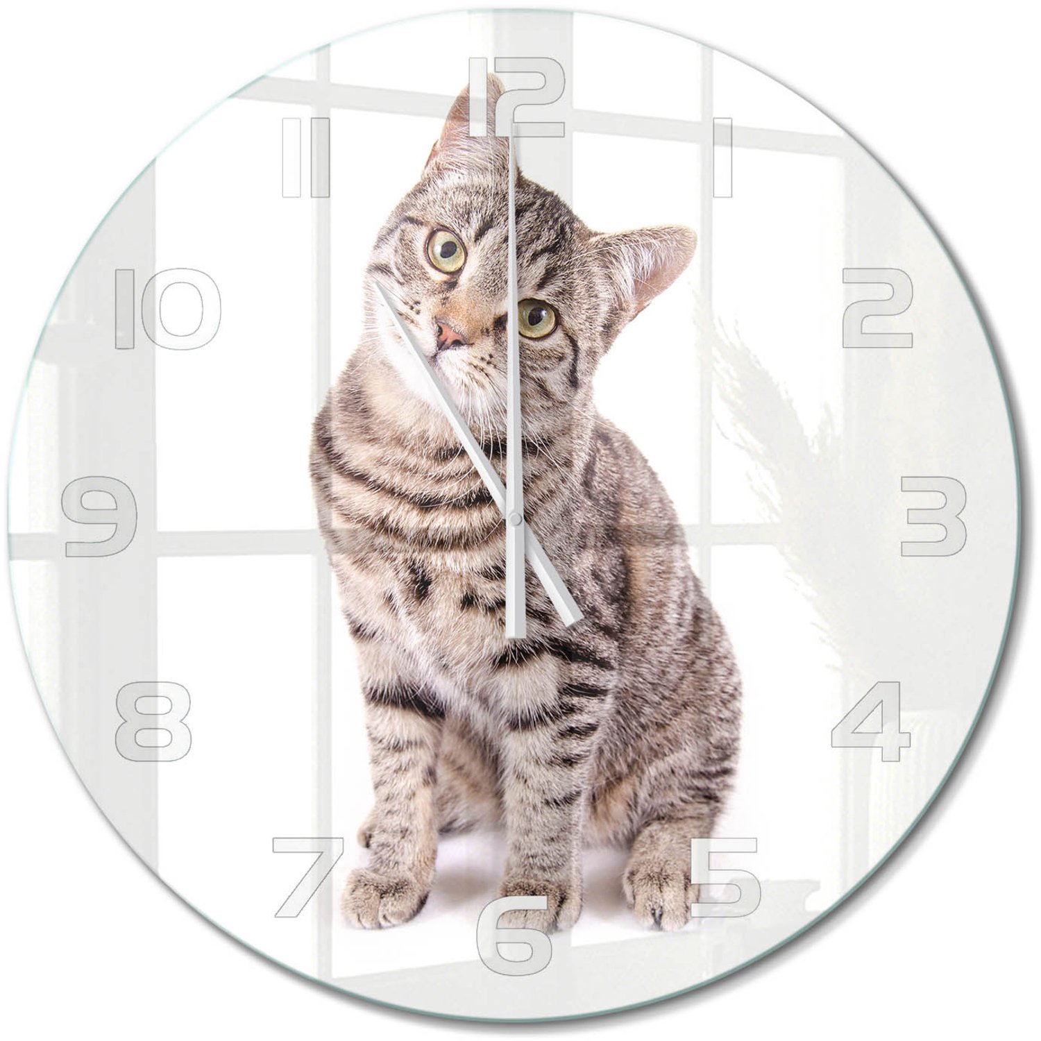 TULUP Wandklok - Kat Wandklok Glas Met Motief - fi60 cm - Bruin Decoratieve Glazen Klok - Witte handen - Ronde Klok - Gekleurde Glazen Klok - Glazen Klok Met Print