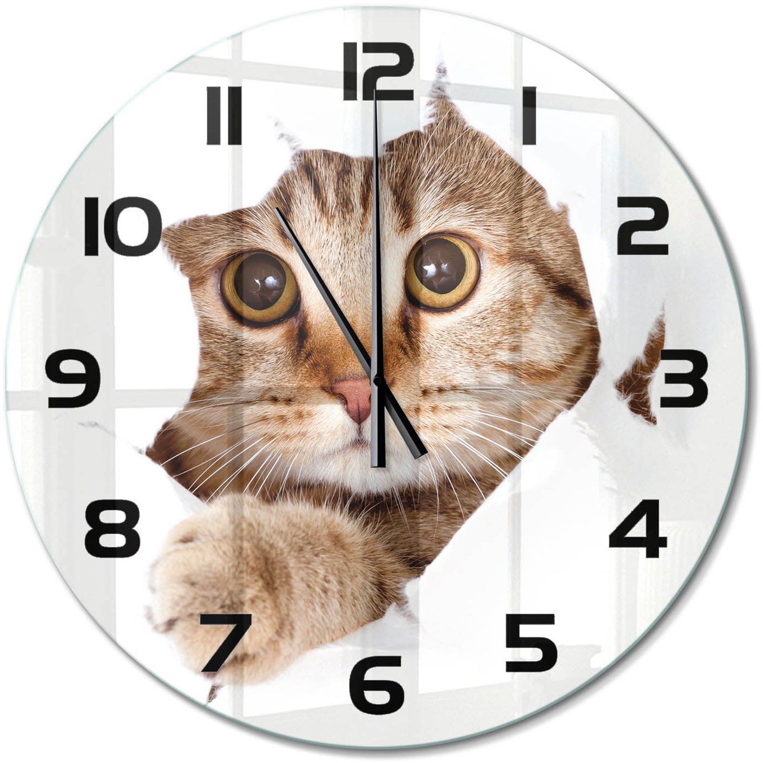 TULUP Wandklok - Kat Gekleurde Glazen Klok - fi60 cm - Beige Glazen Klok Met Print - Zwarte handen - Ronde Klok - Moderne Wandklok Glas - Wandklok Glas Decoratie