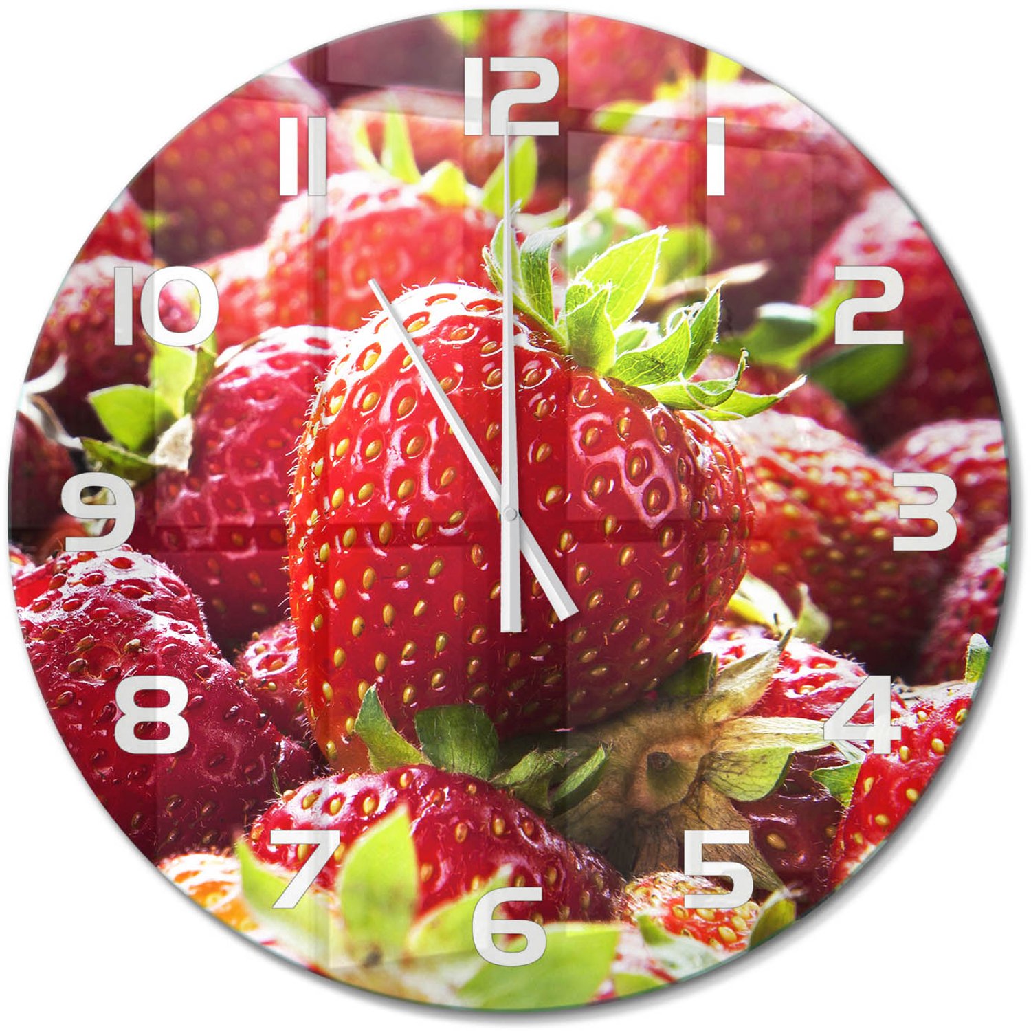 TULUP Wandklok - Aardbeien Wandklok Glas Met Motief - fi60 cm - Rood Decoratieve Glazen Klok - Witte handen - Ronde Klok - Gekleurde Glazen Klok - Glazen Klok Met Print