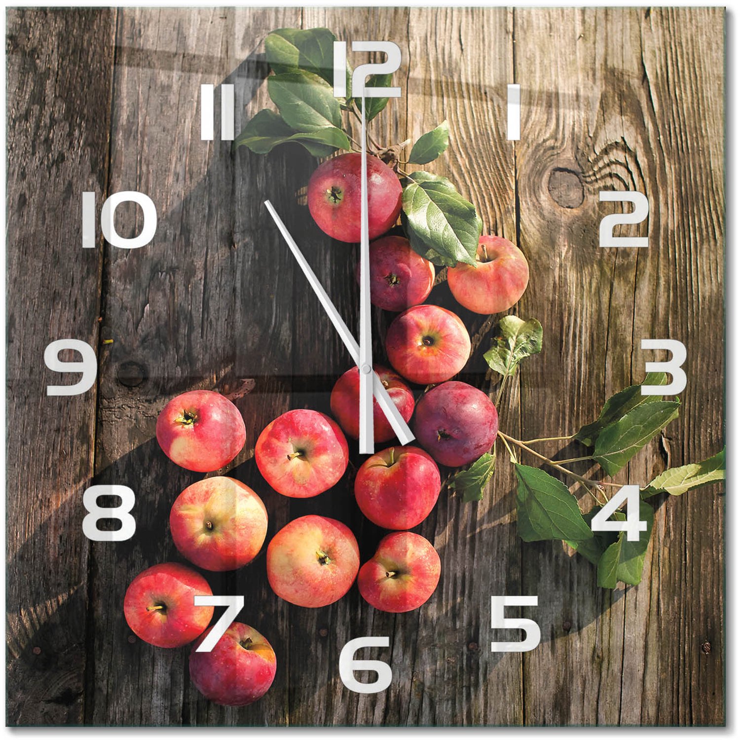 TULUP Wandklok - Appels op tafel Moderne Wandklok Glas - 60x60 cm - Rood Wandklok Glas Decoratie - Witte handen - Vierkante Klok - Glazen Wandklok Design - Klok Glas Met Opdruk