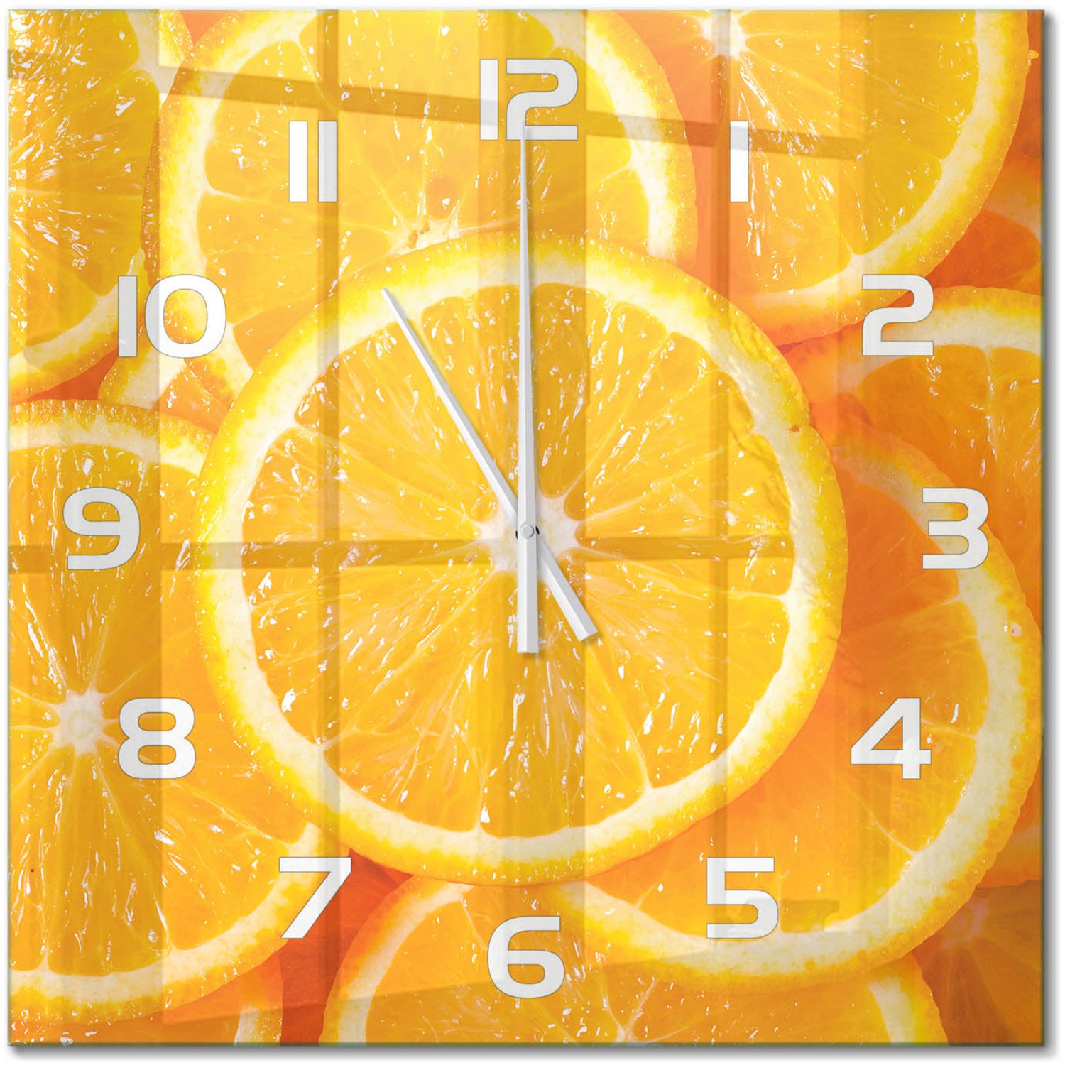TULUP Wandklok - Sinaasappelschijfjes Glazen Klok Met Print - 60x60 cm - Oranje Wandklok Glas Met Motief - Witte handen - Vierkante Klok - Wandklok Glas Decoratie - Gekleurde Glazen Klok