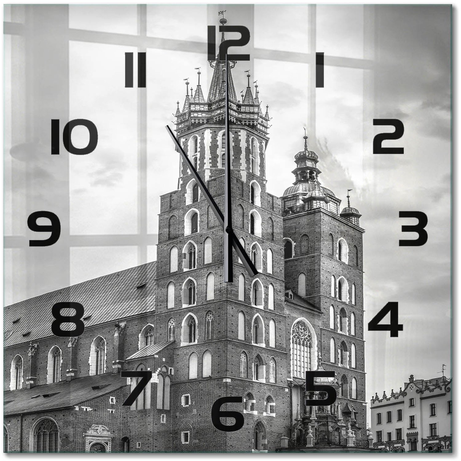 TULUP Wandklok - Krakau, Polen Glazen Wandklok Design - 60x60 cm - Zwart-wit Klok Glas Met Opdruk - Zwarte handen - Vierkante Klok - Wandklok Glas Met Motief - Decoratieve Glazen Klok