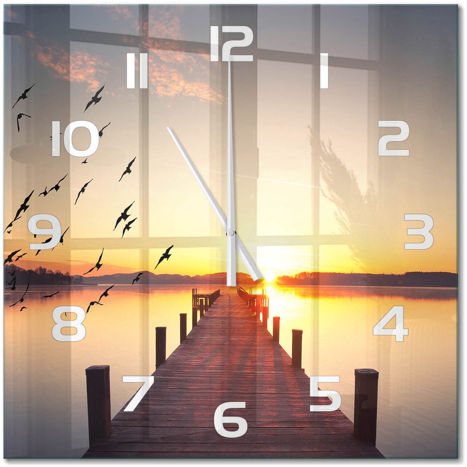TULUP Wandklok - Zonsondergang Glazen Wandklok Design - 60x60 cm - Geel Klok Glas Met Opdruk - Witte handen - Vierkante Klok - Wandklok Glas Met Motief - Decoratieve Glazen Klok