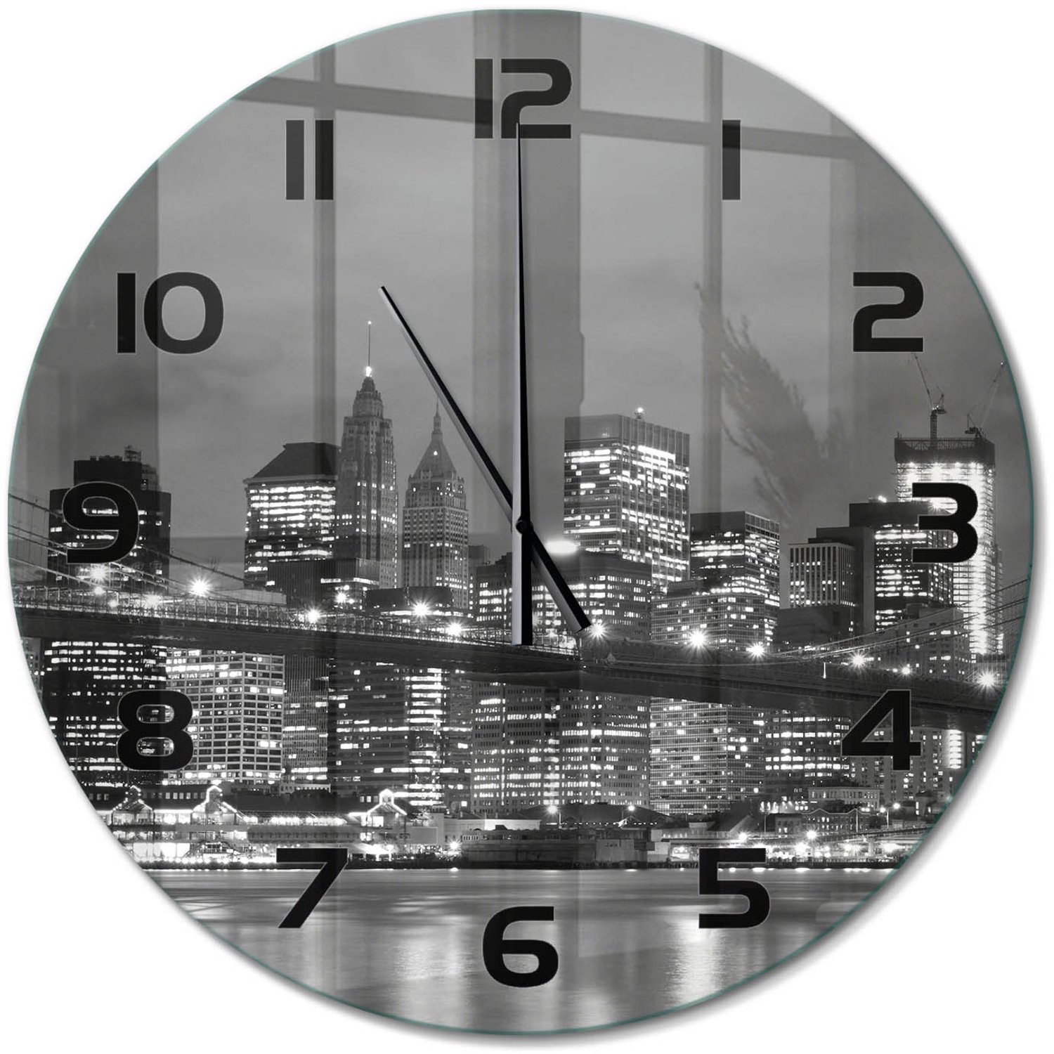 TULUP Wandklok - Manhattan, New York Wandklok Glas Met Motief - fi60 cm - Zwart-wit Decoratieve Glazen Klok - Zwarte handen - Ronde Klok - Gekleurde Glazen Klok - Glazen Klok Met Print