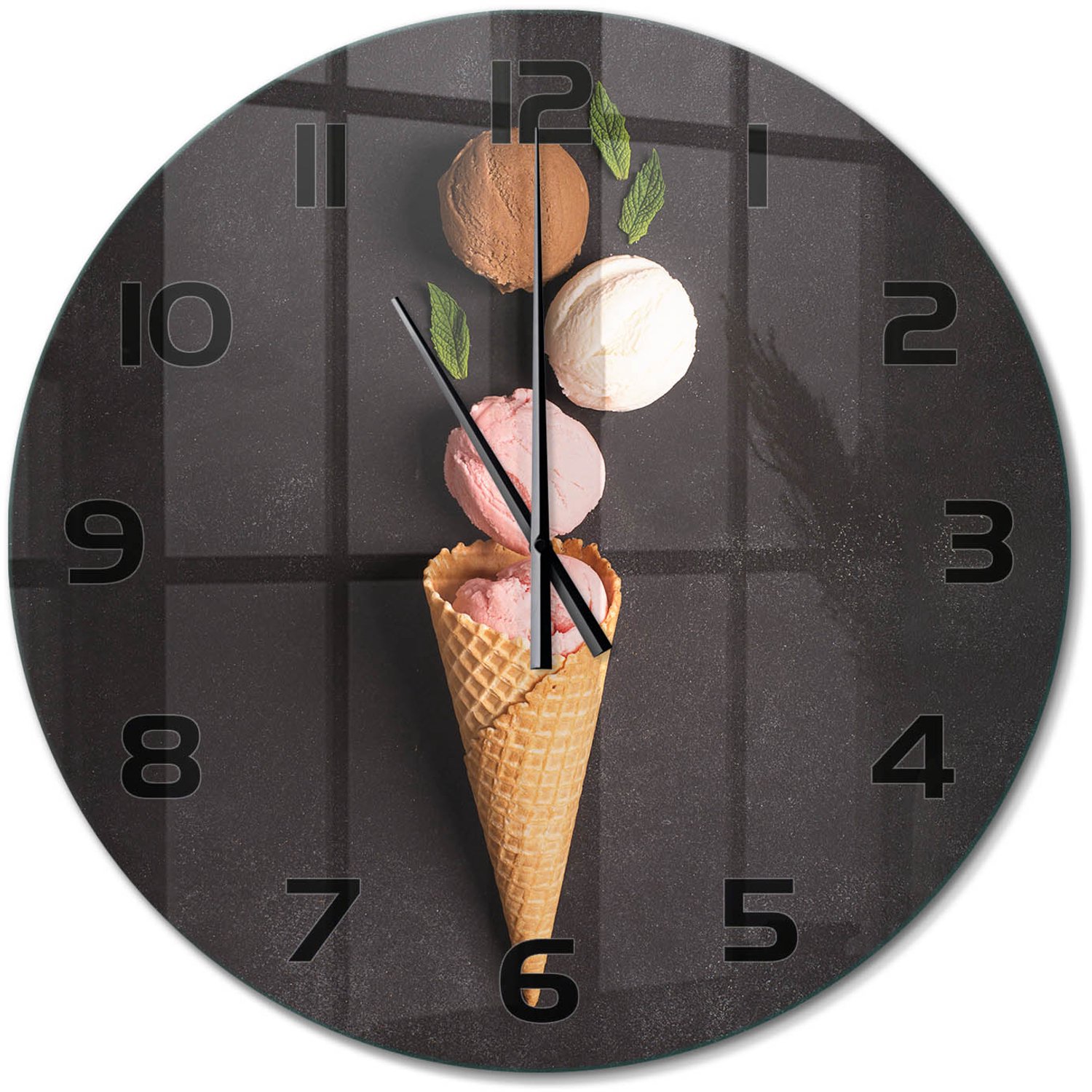 TULUP Wandklok - IJs in een wafelhoorntje Wandklok Glas Met Motief - fi60 cm - Zwart Decoratieve Glazen Klok - Zwarte handen - Ronde Klok - Gekleurde Glazen Klok - Glazen Klok Met Print