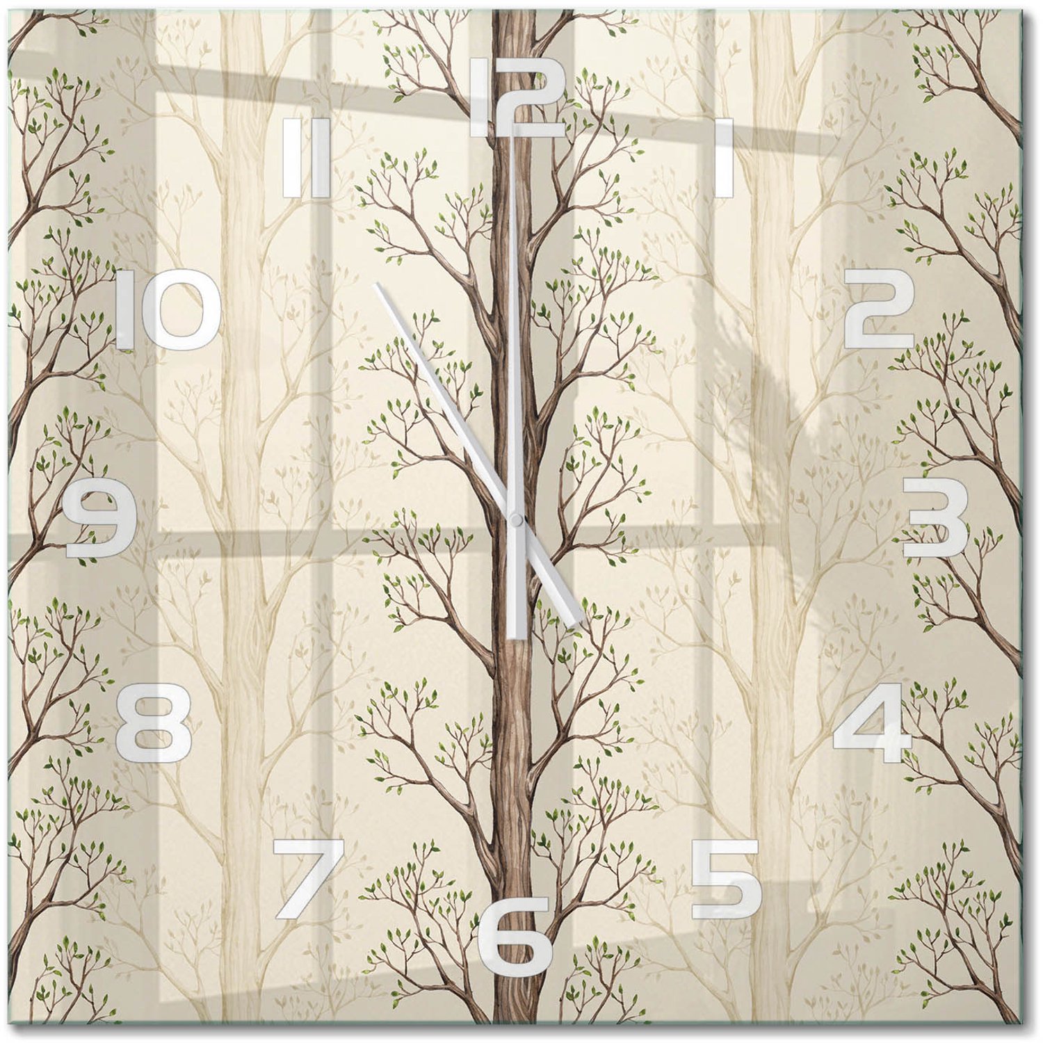 TULUP Wandklok - Bomen Glazen Wandklok Design - 60x60 cm - Bruin Klok Glas Met Opdruk - Witte handen - Vierkante Klok - Wandklok Glas Met Motief - Decoratieve Glazen Klok