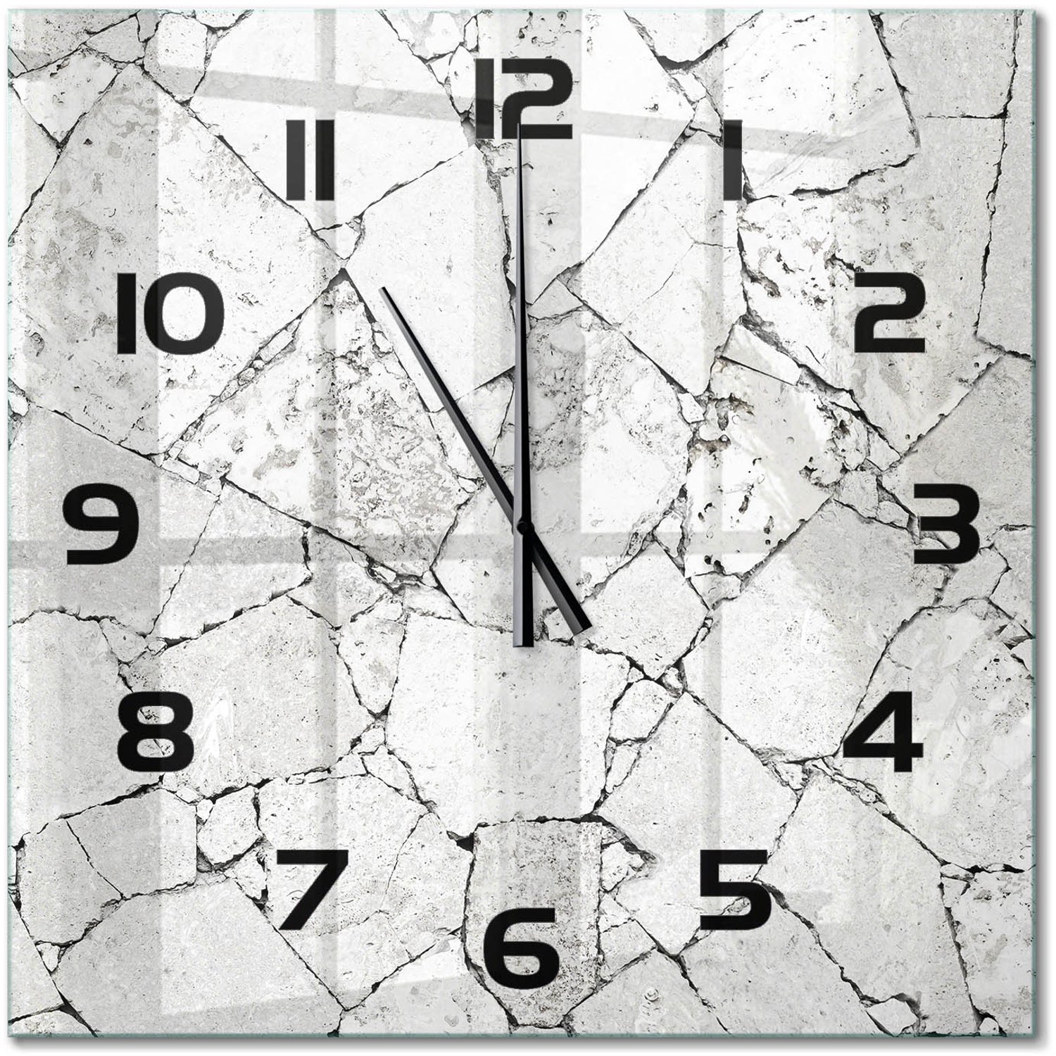 TULUP Wandklok - Stenen muur Glazen Wandklok Design - 60x60 cm - Wit Klok Glas Met Opdruk - Zwarte handen - Vierkante Klok - Wandklok Glas Met Motief - Decoratieve Glazen Klok