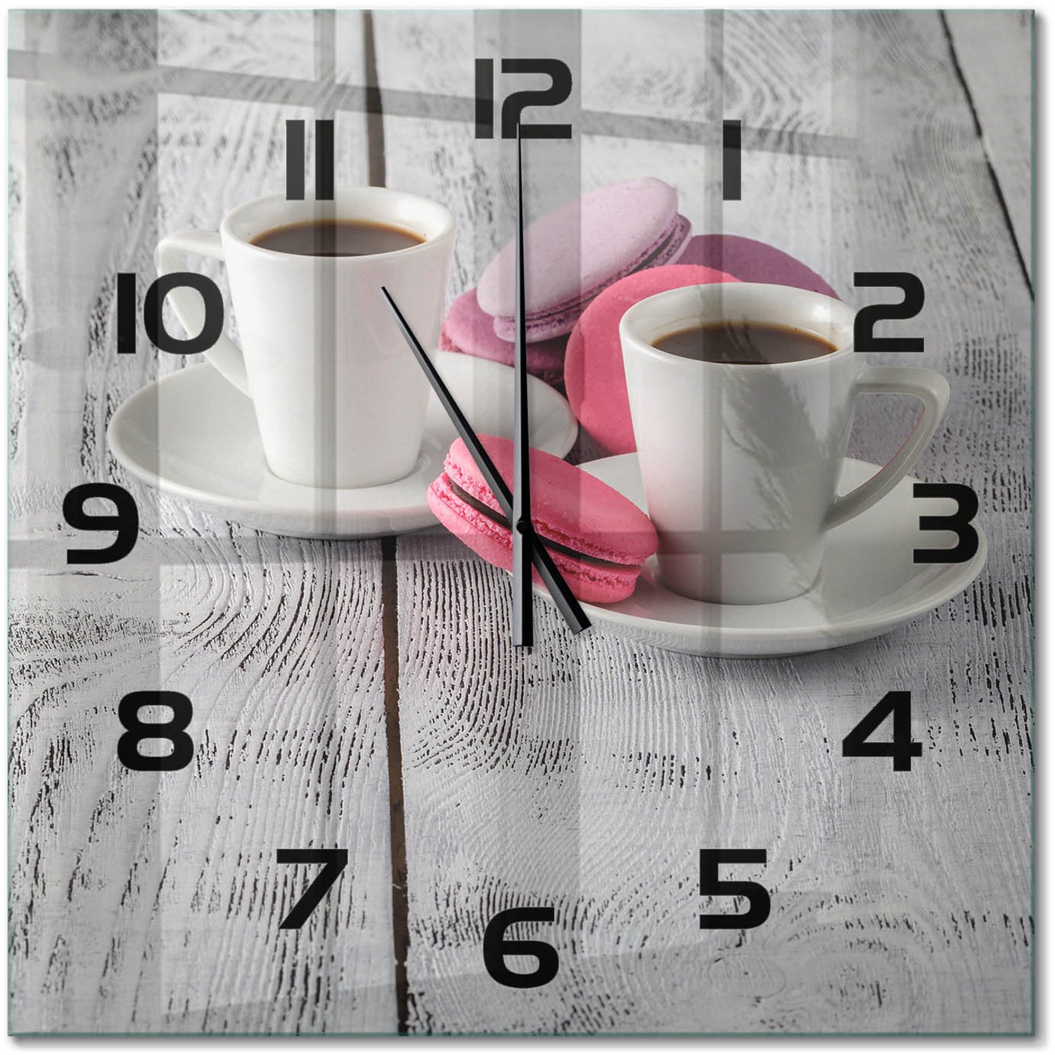TULUP Wandklok - Koffie en koekjes Gekleurde Glazen Klok - 60x60 cm - Roze Glazen Klok Met Print - Zwarte handen - Vierkante Klok - Moderne Wandklok Glas - Wandklok Glas Decoratie