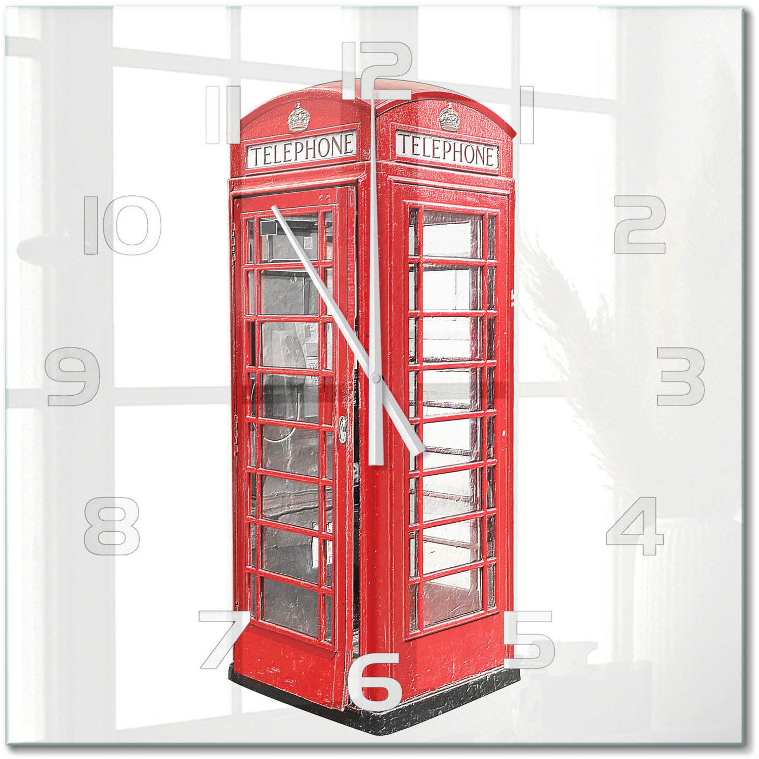 TULUP Wandklok - Openbare telefoon Wandklok Glas Met Motief - 60x60 cm - Rood Decoratieve Glazen Klok - Witte handen - Vierkante Klok - Gekleurde Glazen Klok - Glazen Klok Met Print