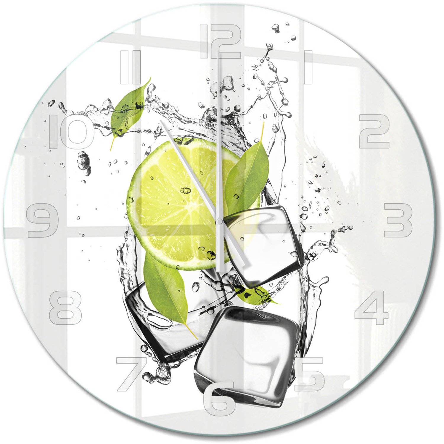 TULUP Wandklok - Limoen met ijs Wandklok Glas Met Motief - fi60 cm - Groente Decoratieve Glazen Klok - Witte handen - Ronde Klok - Gekleurde Glazen Klok - Glazen Klok Met Print