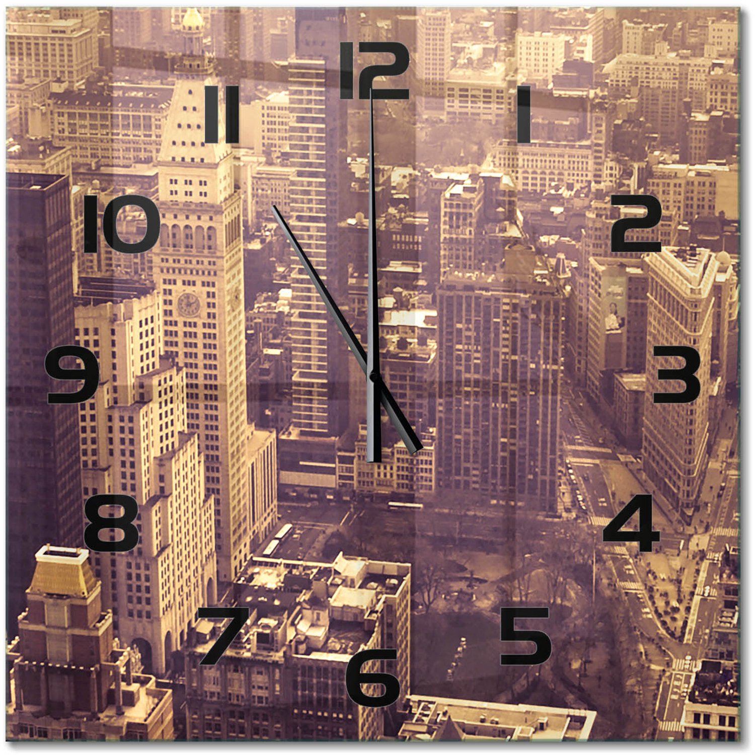TULUP Wandklok - Manhattan, New York Klok Glas Met Opdruk - 60x60 cm - Geel Moderne Wandklok Glas - Zwarte handen - Vierkante Klok - Decoratieve Glazen Klok - Glazen Wandklok Design