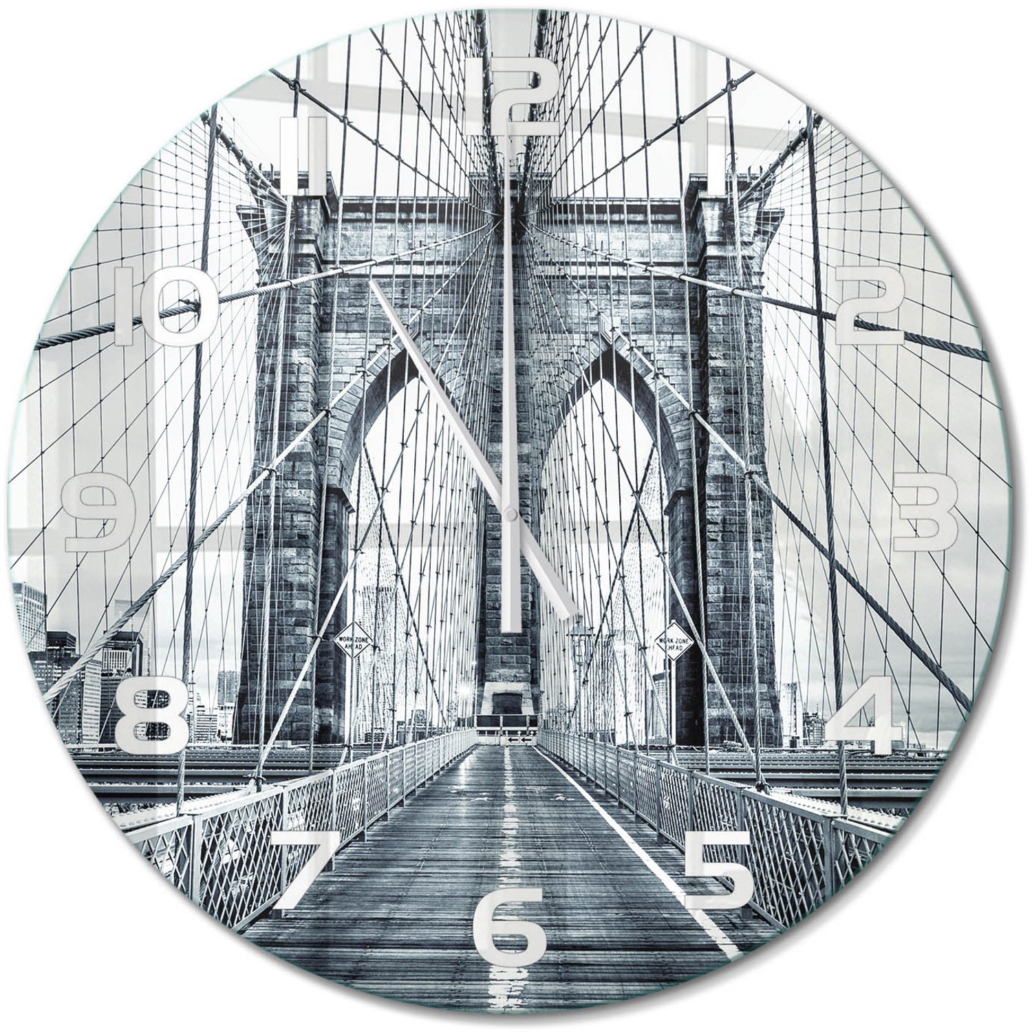 TULUP Wandklok - Brooklynbrug Wandklok Glas Met Motief - fi60 cm - Zwart-wit Decoratieve Glazen Klok - Witte handen - Ronde Klok - Gekleurde Glazen Klok - Glazen Klok Met Print