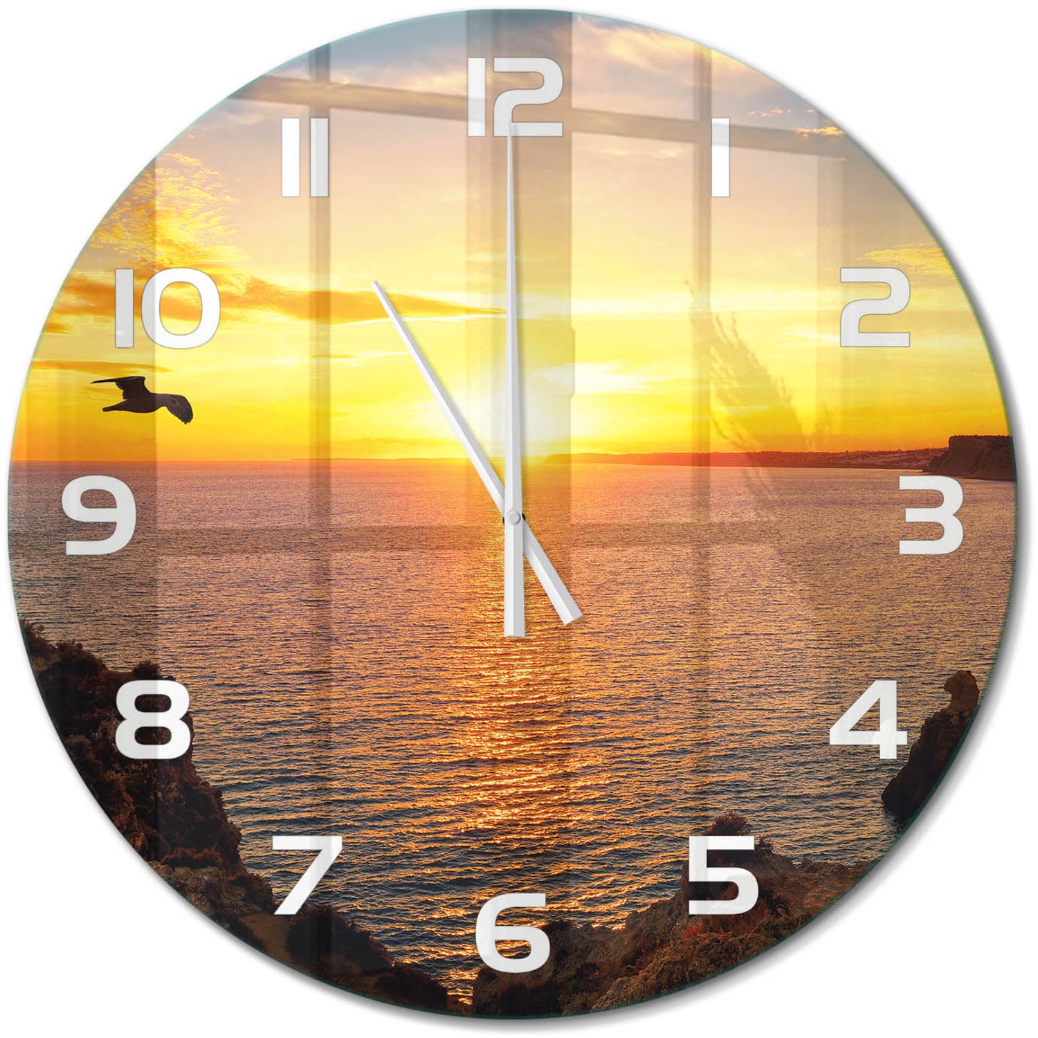 TULUP Wandklok - Zonsondergang Zee Klok Glas Met Opdruk - fi60 cm - Geel Moderne Wandklok Glas - Witte handen - Ronde Klok - Decoratieve Glazen Klok - Glazen Wandklok Design
